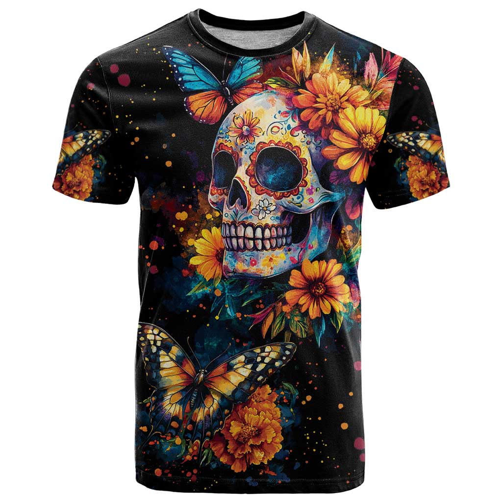 Mexican La Calaca and Marigold Flowers T Shirt Skull Day Of The Dead