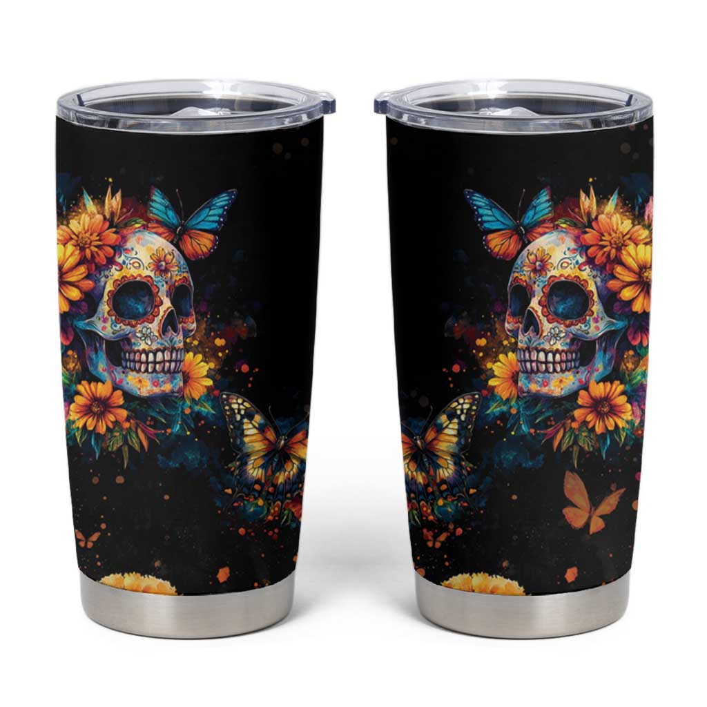 Mexican La Calaca and Marigold Flowers Tumbler Cup Skull Day Of The Dead