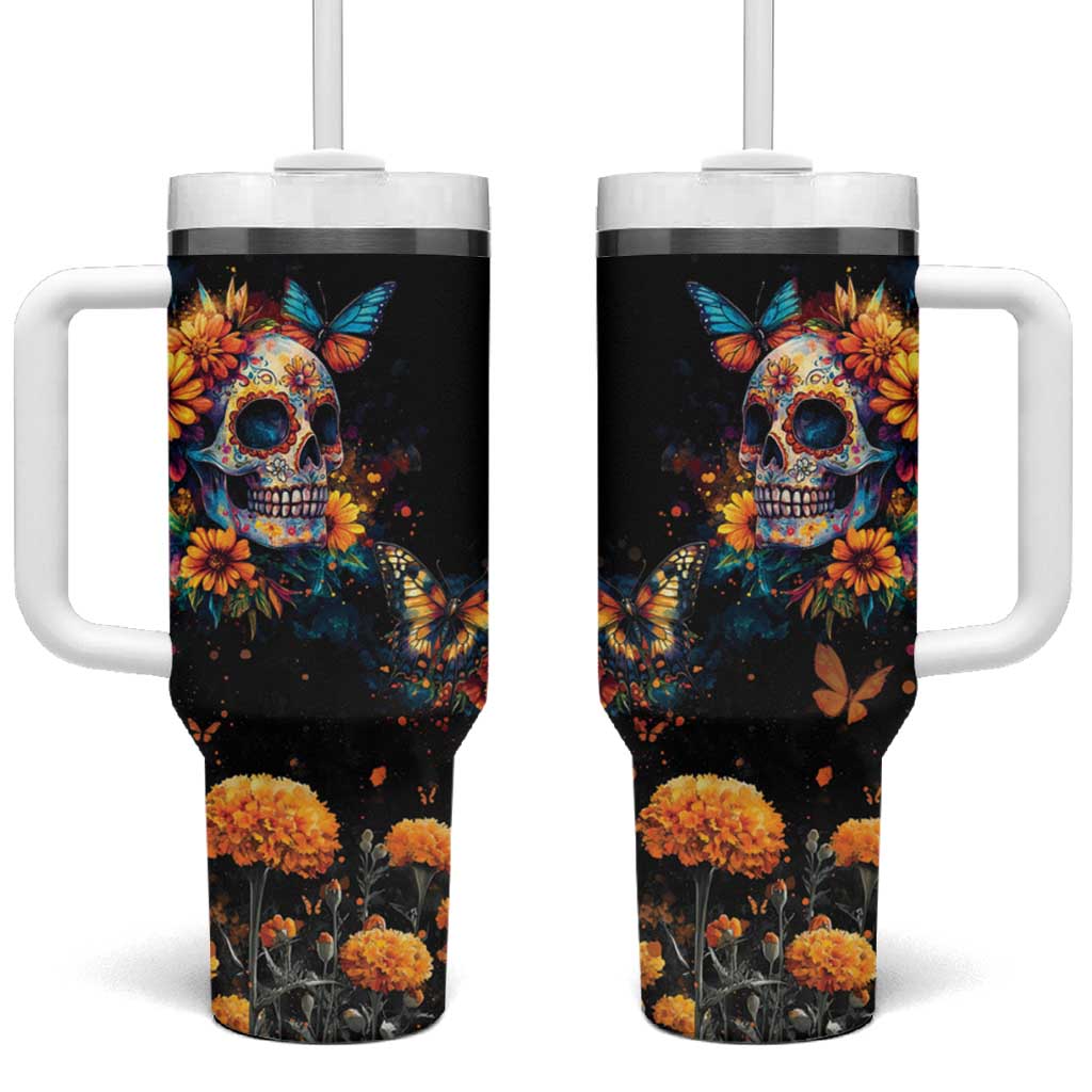 Mexican La Calaca and Marigold Flowers Tumbler With Handle Skull Day Of The Dead