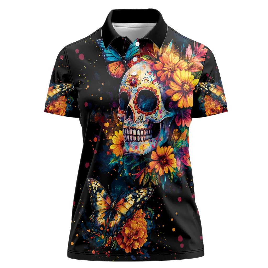 Mexican La Calaca and Marigold Flowers Women Polo Shirt Skull Day Of The Dead