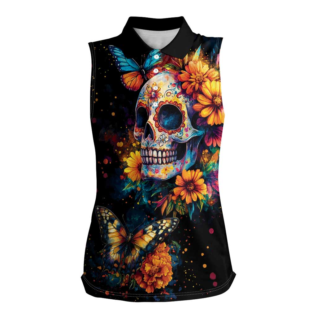 Mexican La Calaca and Marigold Flowers Women Sleeveless Polo Shirt Skull Day Of The Dead