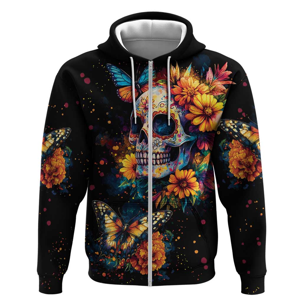 Mexican La Calaca and Marigold Flowers Zip Hoodie Skull Day Of The Dead