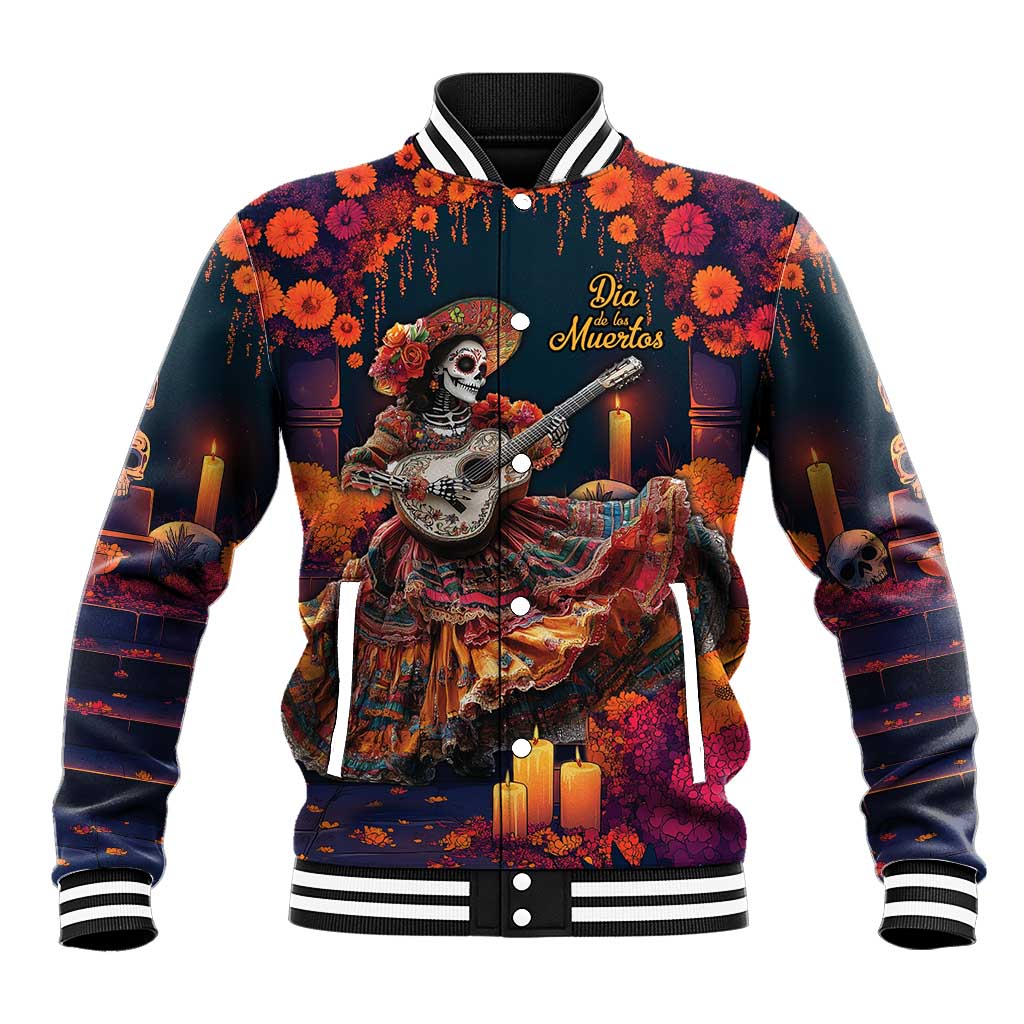 Unisex black baseball jacket with front skeleton dancer, candles, and floral print