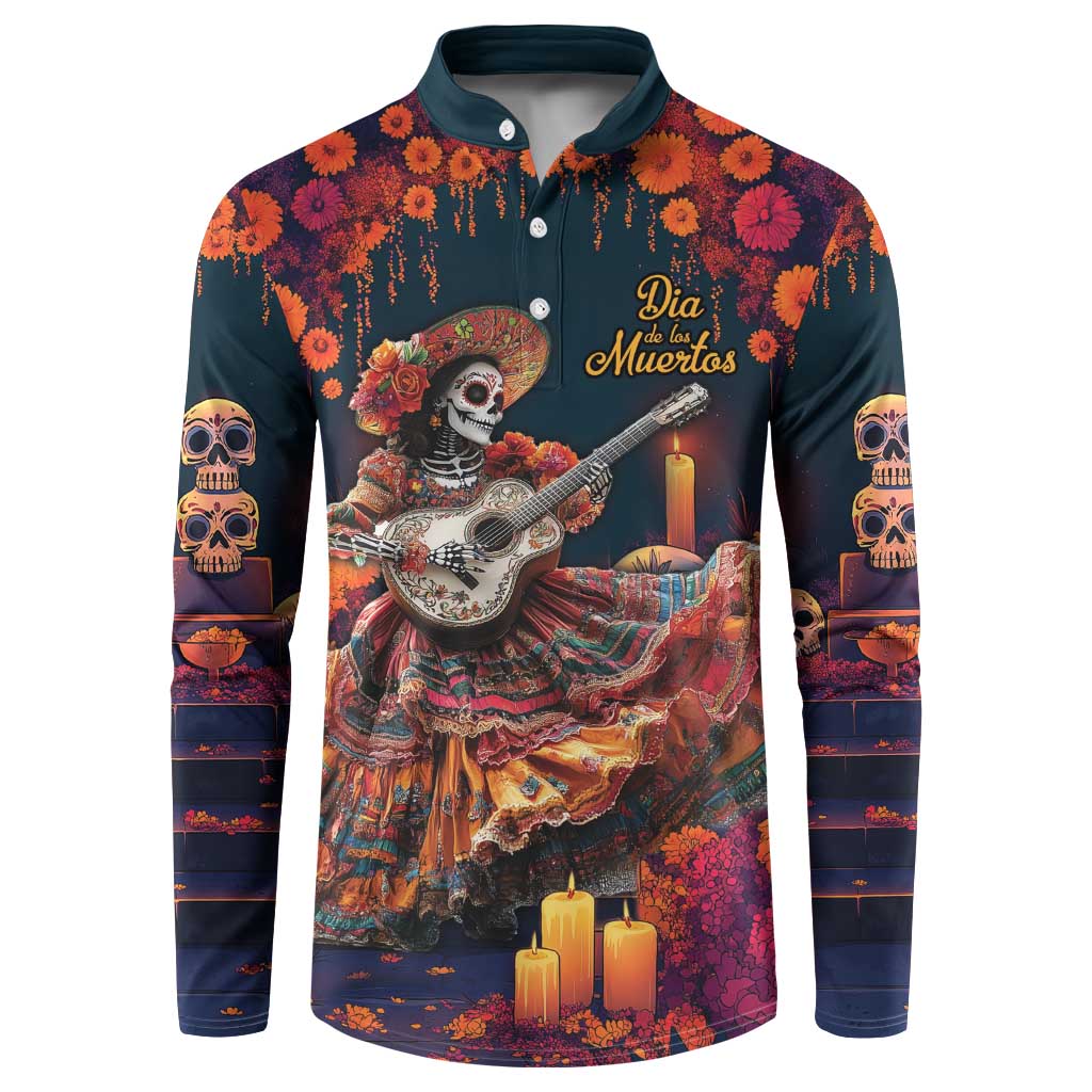 Dark button-up sweatshirt featuring Dia de los Muertos skeleton holding a guitar