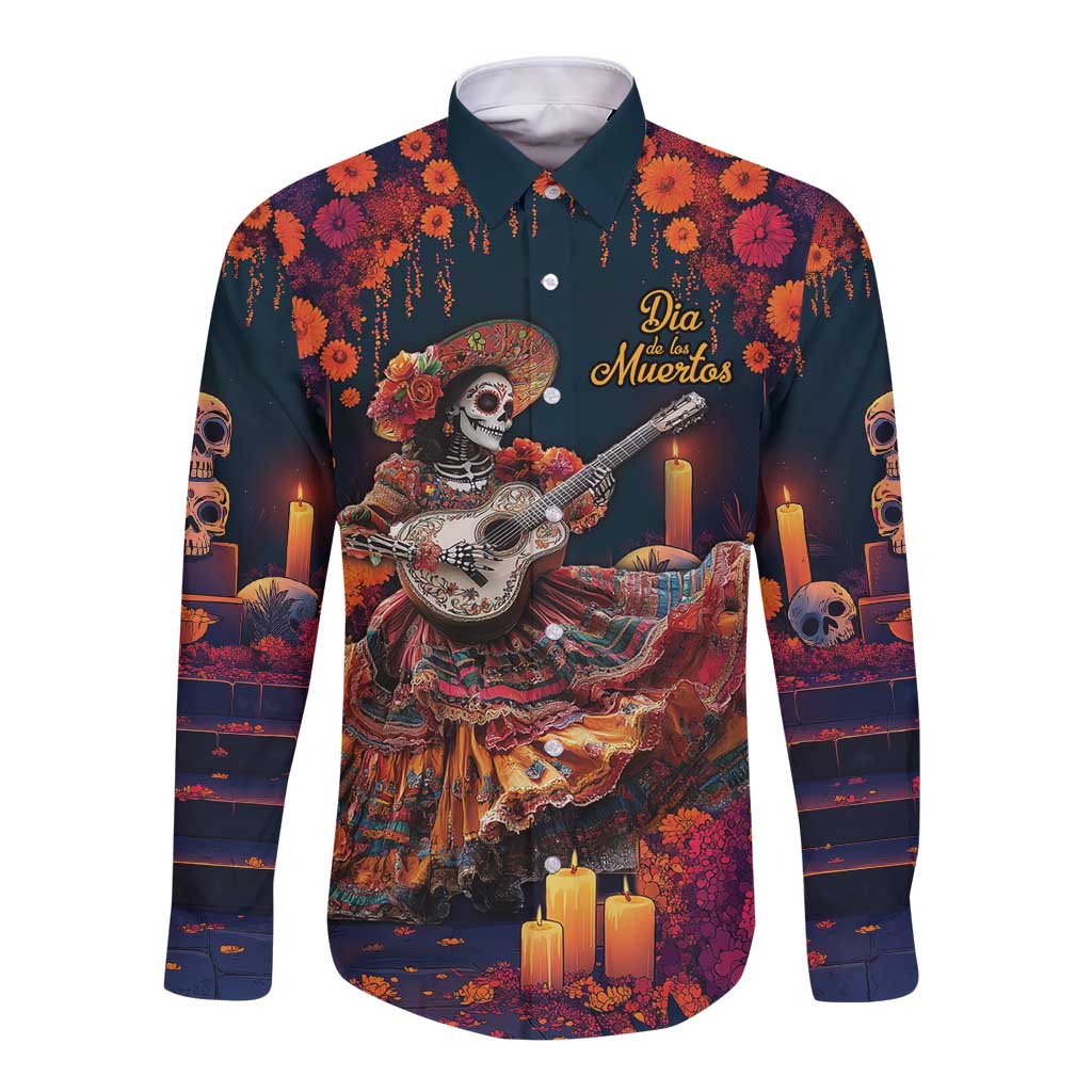 Black long-sleeve button-up shirt with La Catrina skeleton guitarist print