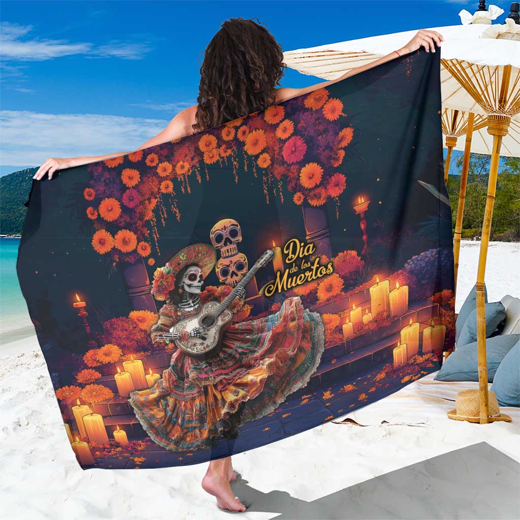 Dia de los Muertos skeleton dancer sarong, dark navy with orange marigolds and candles