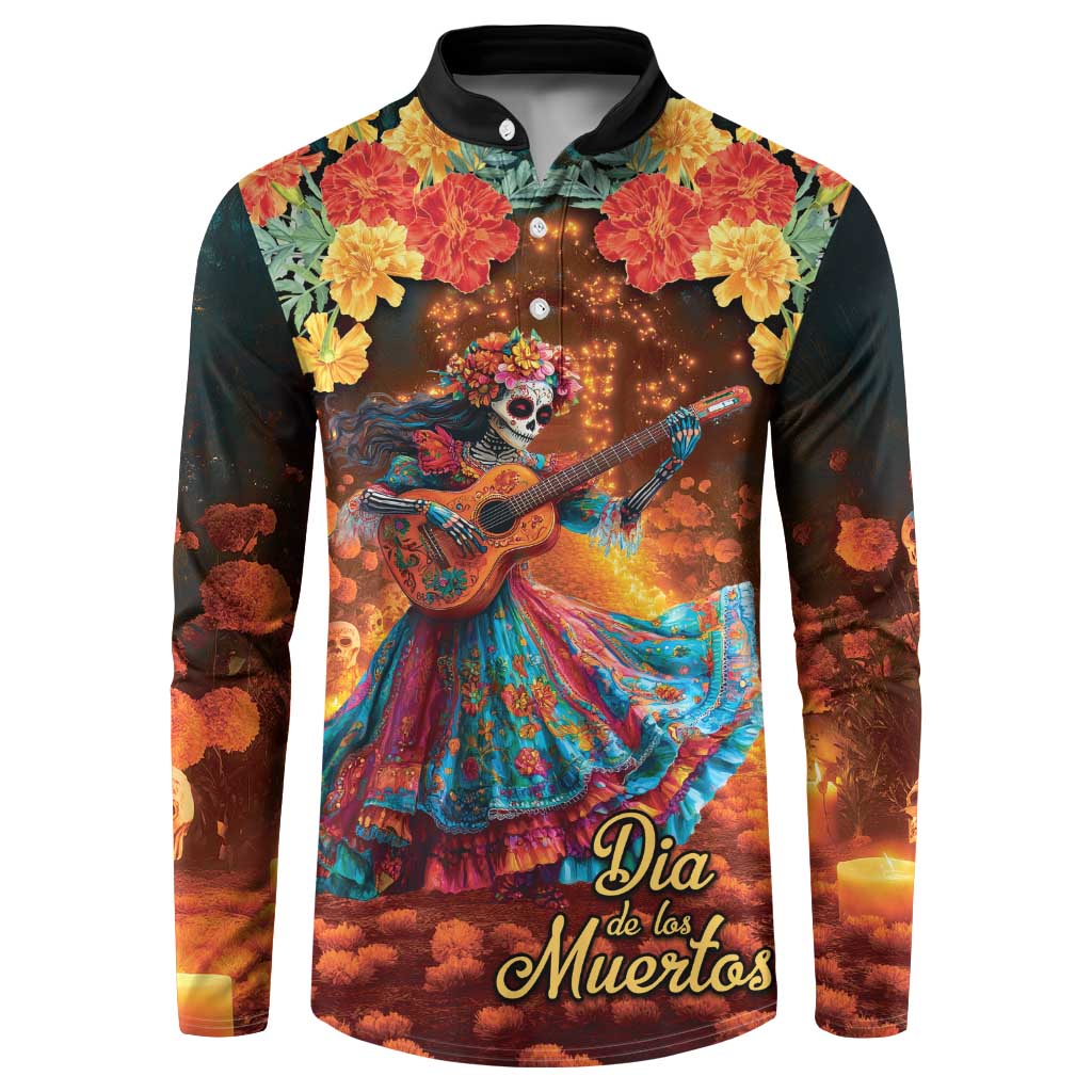 Black button-up sweatshirt with Dia de los Muertos skull guitarist, flowers, and text