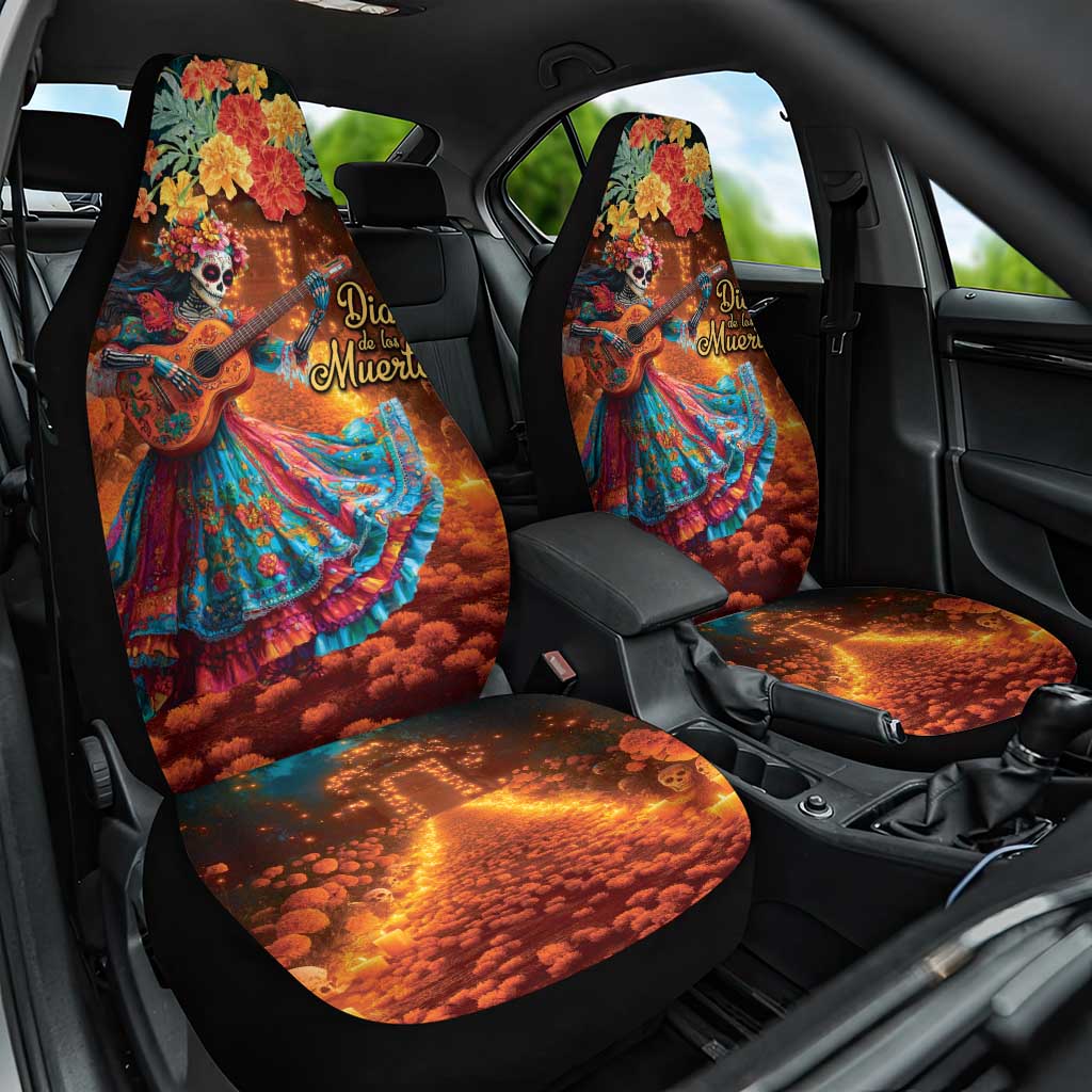 Black car seat cover set with Dia de Muertos dancing skeleton guitar artwork