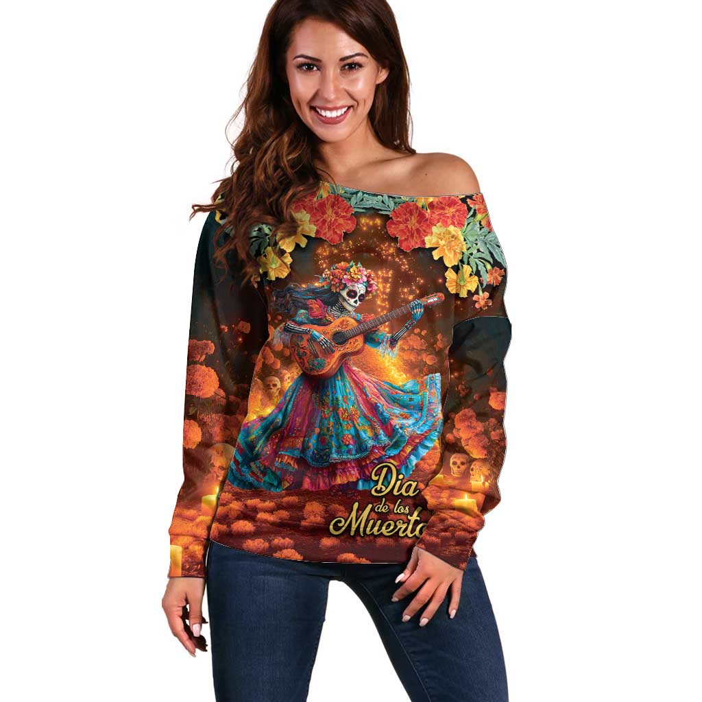 Mexican La Catrina Skeletons Dancing Off Shoulder Sweater Dia de Los Muertos Verion 2 - Wonder Print Shop