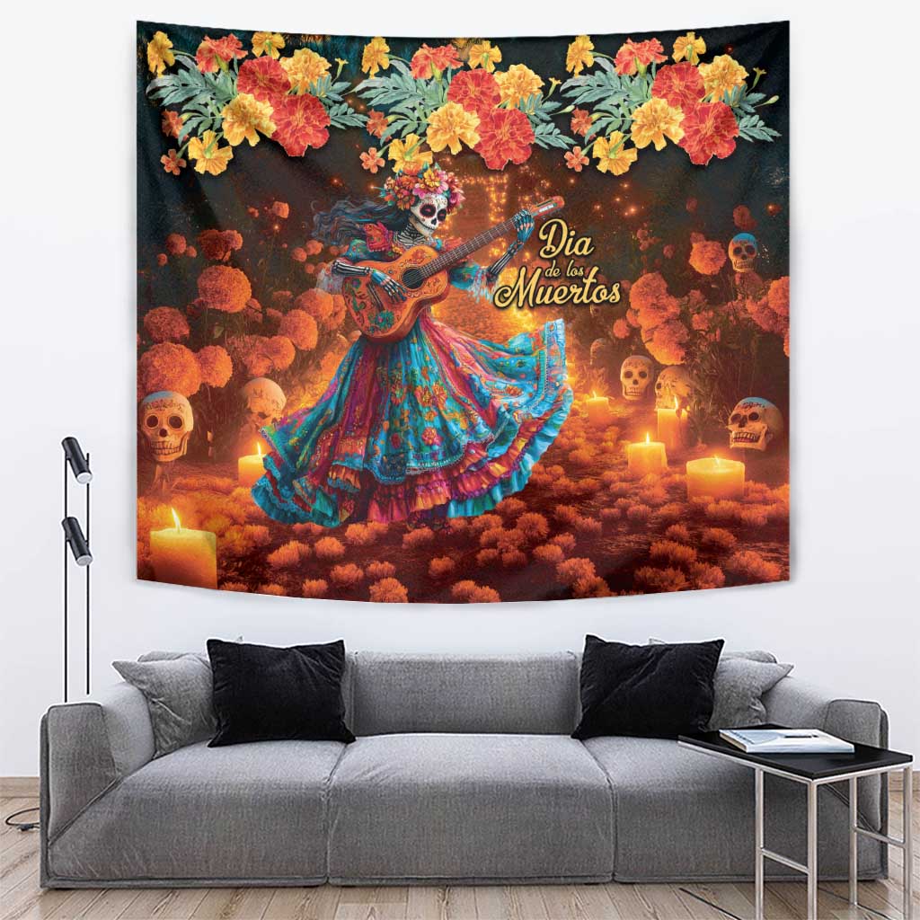 Mexican La Catrina Skeletons Dancing Tapestry Dia de Los Muertos Verion 2