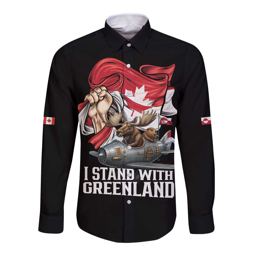 I Stand With Greenland Long Sleeve Button Shirt Canadian Greenland Flag