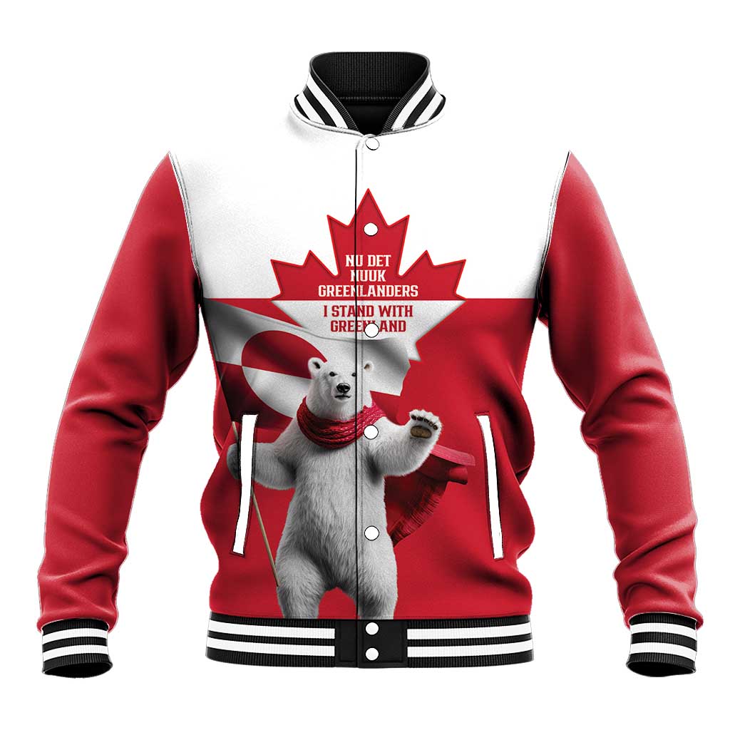 I Stand With Greenland Baseball Jacket Red and White Side by Side