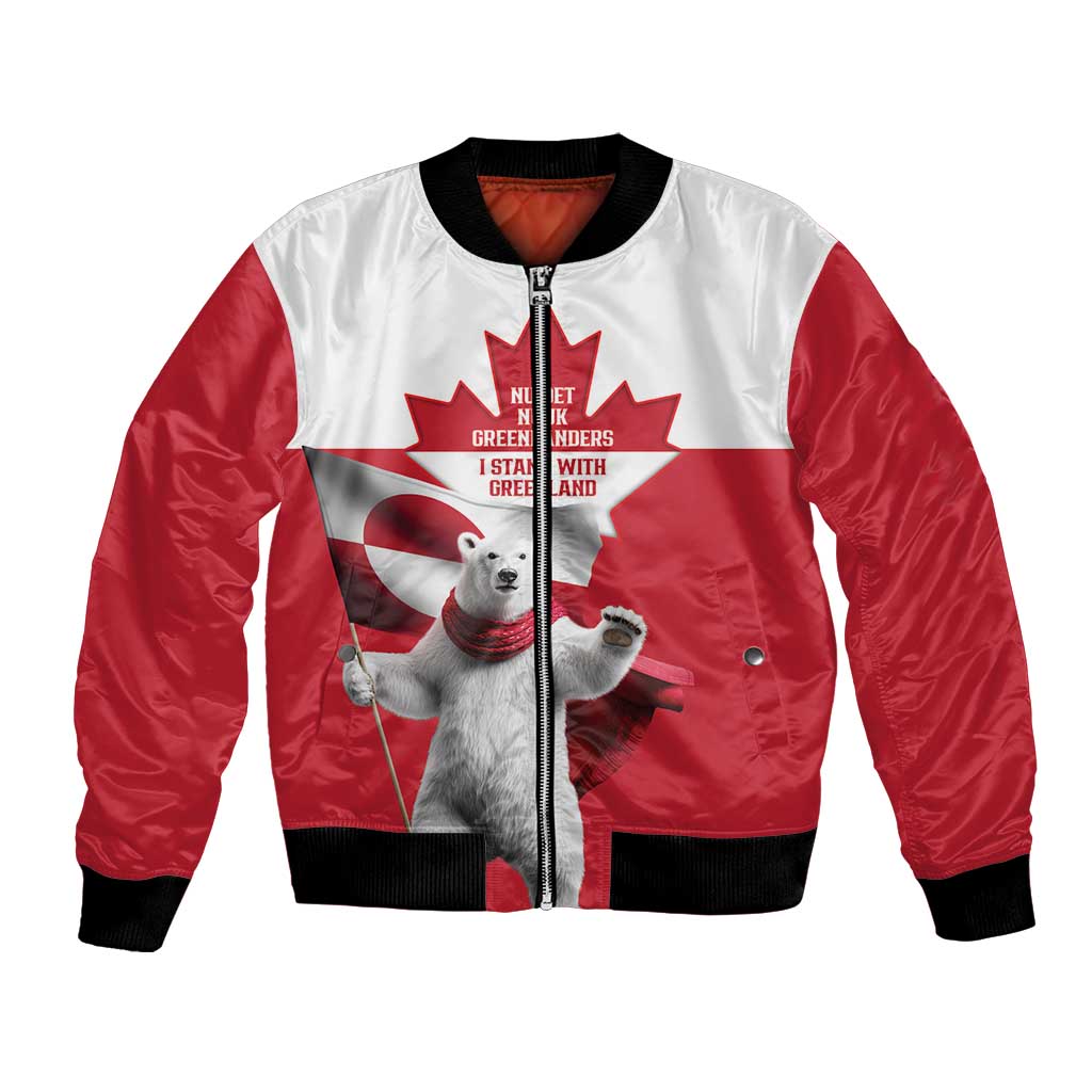 I Stand With Greenland Bomber Jacket Red and White Side by Side