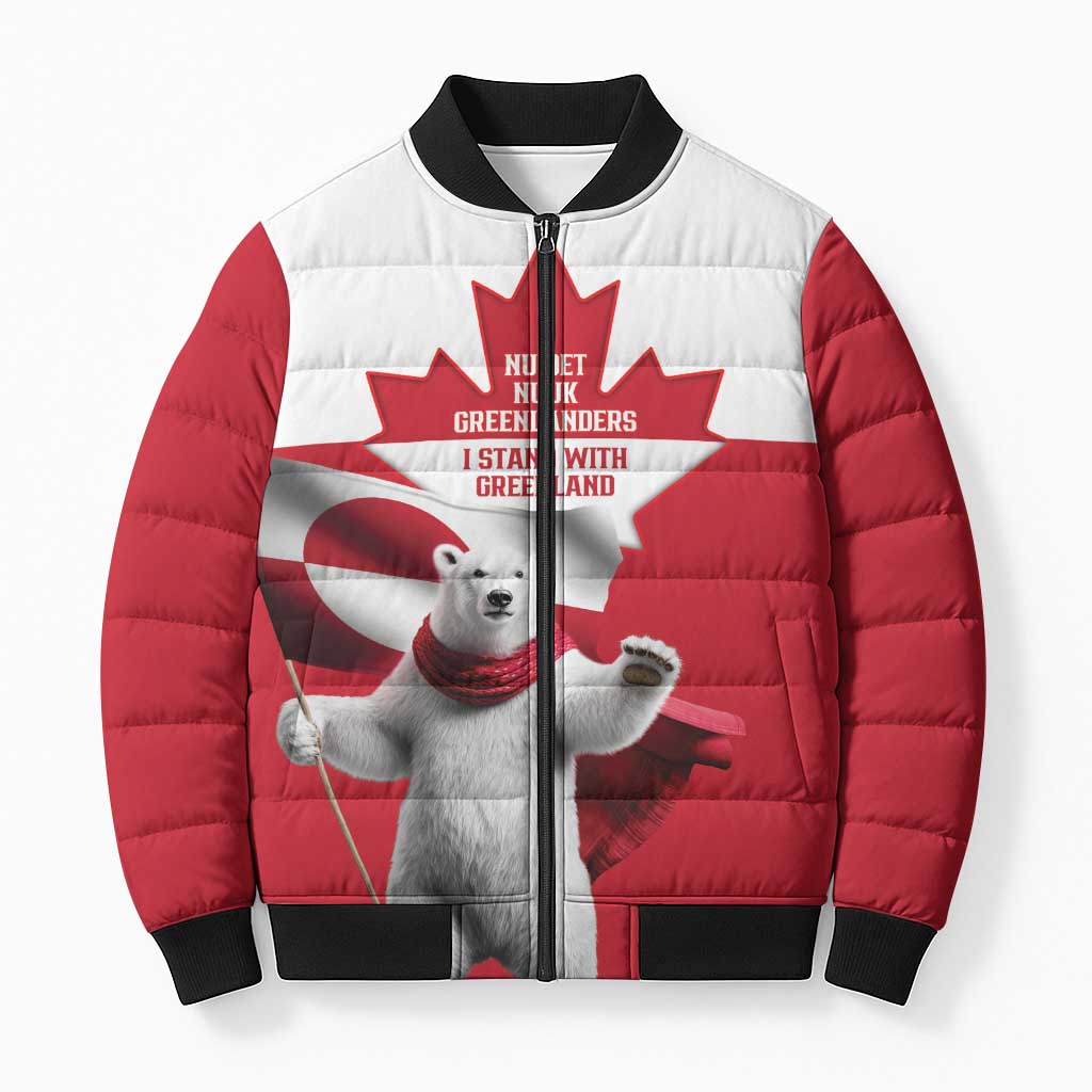 I Stand With Greenland Bomber Puffer Jacket Red and White Side by Side