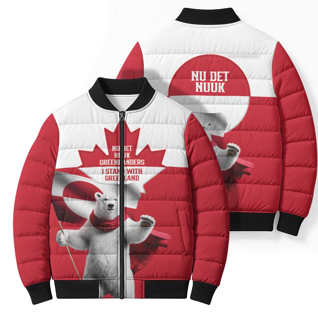I Stand With Greenland Bomber Puffer Jacket Red and White Side by Side
