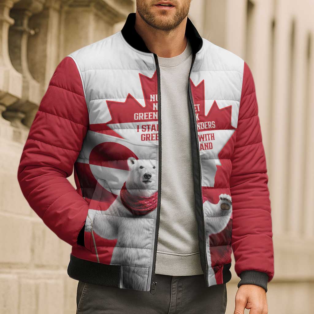 I Stand With Greenland Bomber Puffer Jacket Red and White Side by Side