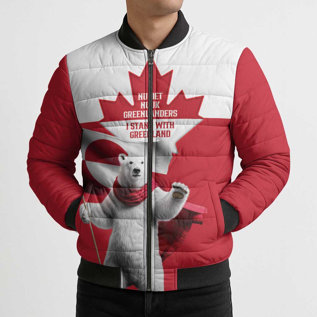I Stand With Greenland Bomber Puffer Jacket Red and White Side by Side
