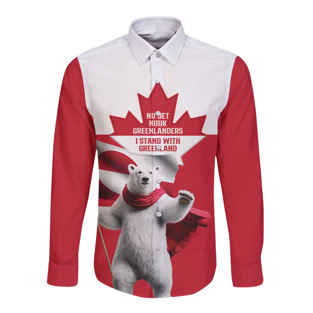I Stand With Greenland Long Sleeve Button Shirt Red and White Side by Side