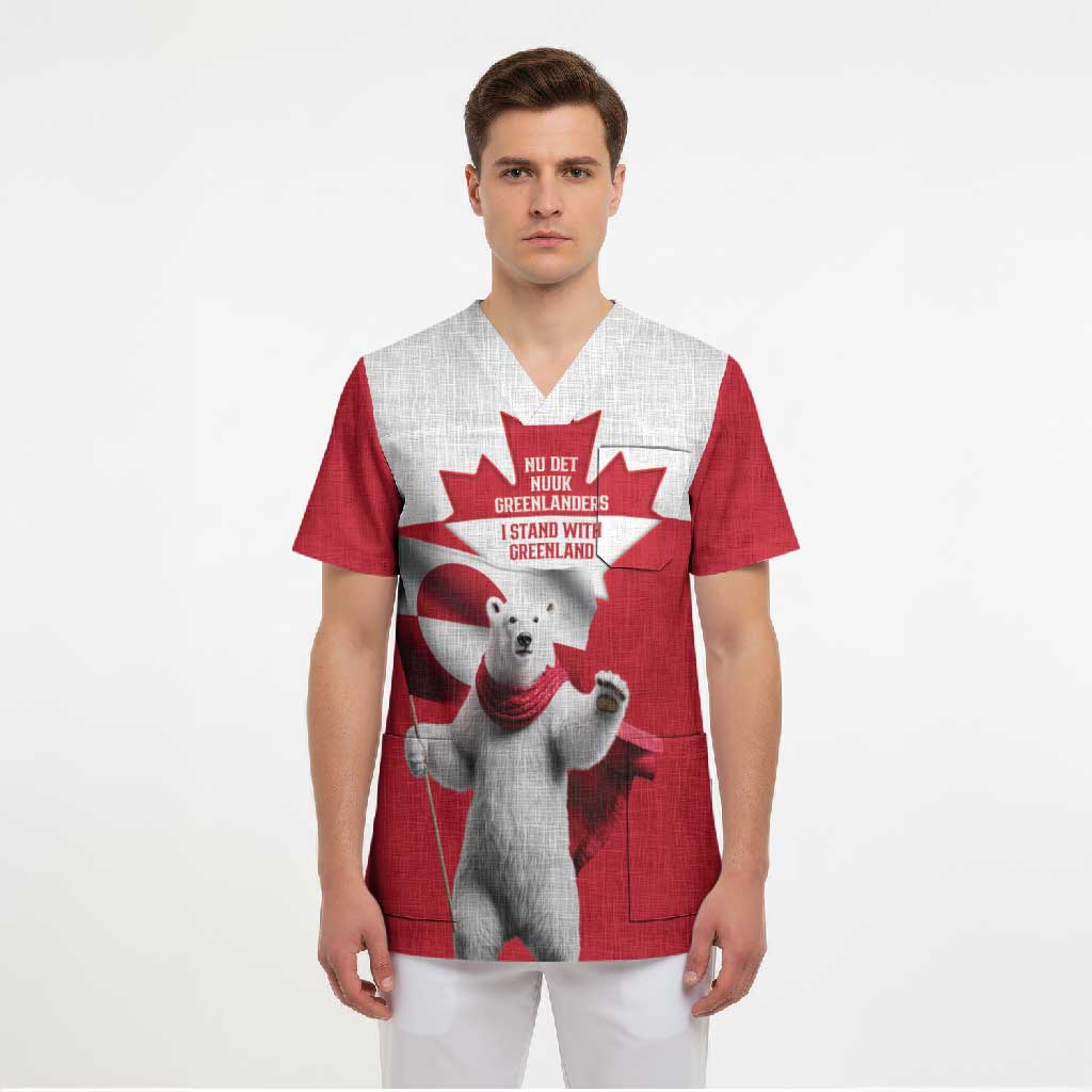 I Stand With Greenland Scrub Top Red and White Side by Side