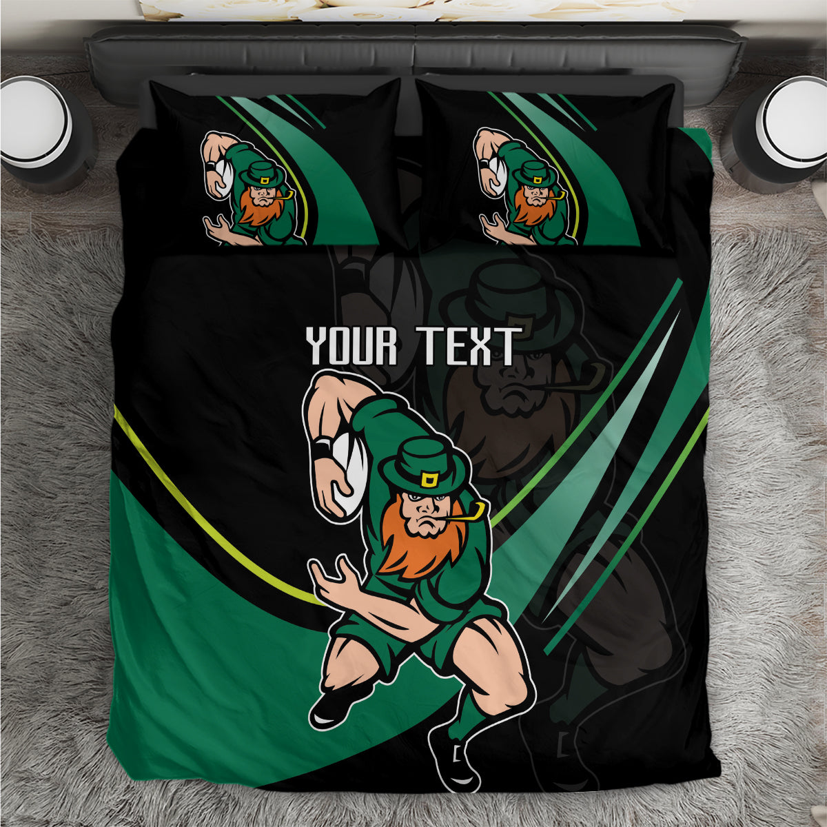 Rugby bedding set top view: black and green duvet with “YOUR TEXT” and matching two pillow shams