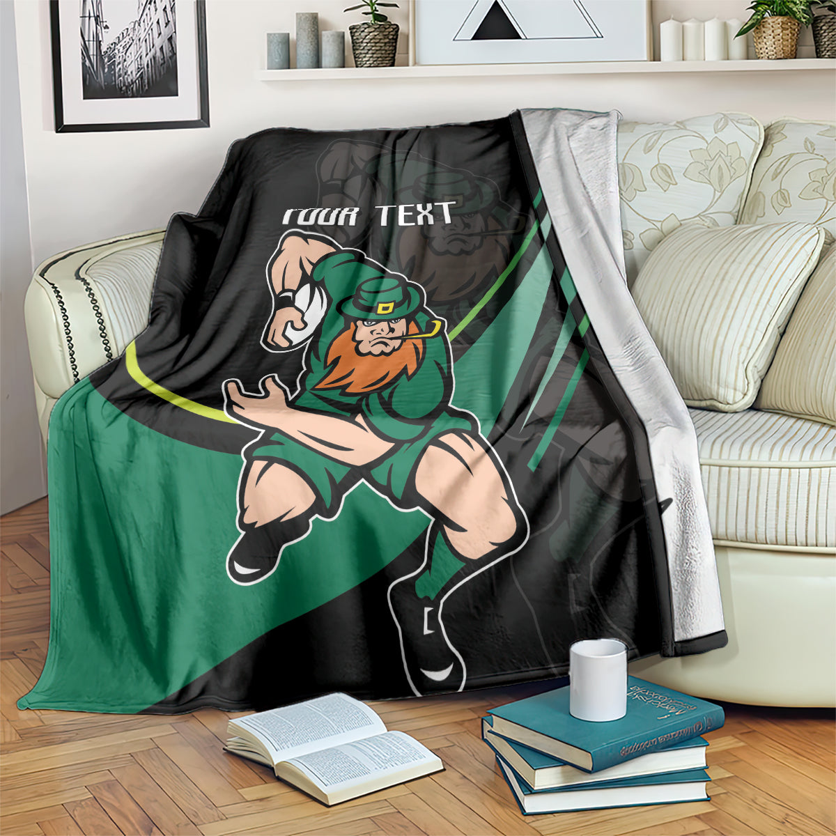 Custom Ireland rugby blanket, black/green warrior graphic with 'YOUR TEXT' print