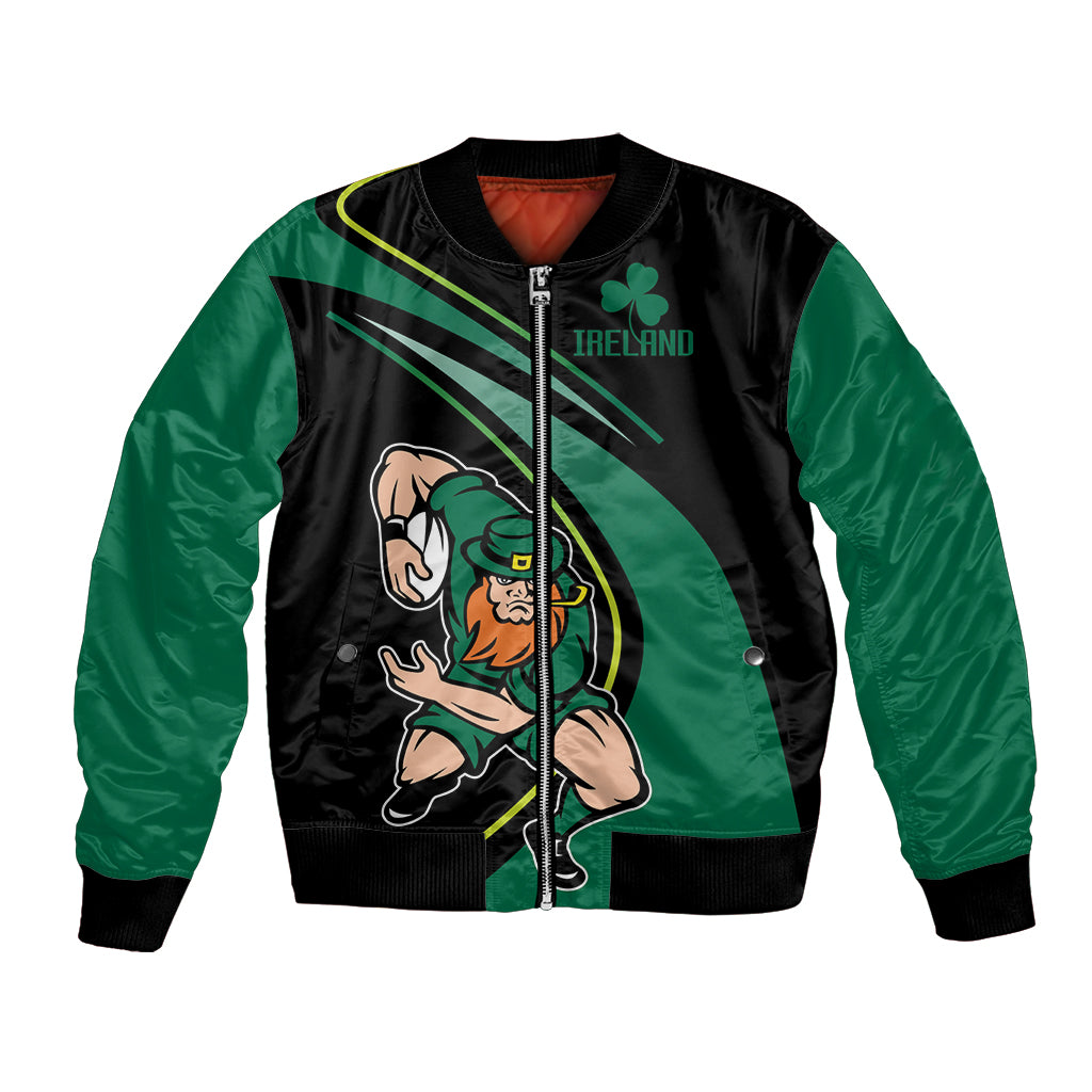 Black and green bomber jacket with front zip, clover emblem, and warrior mascot graphic