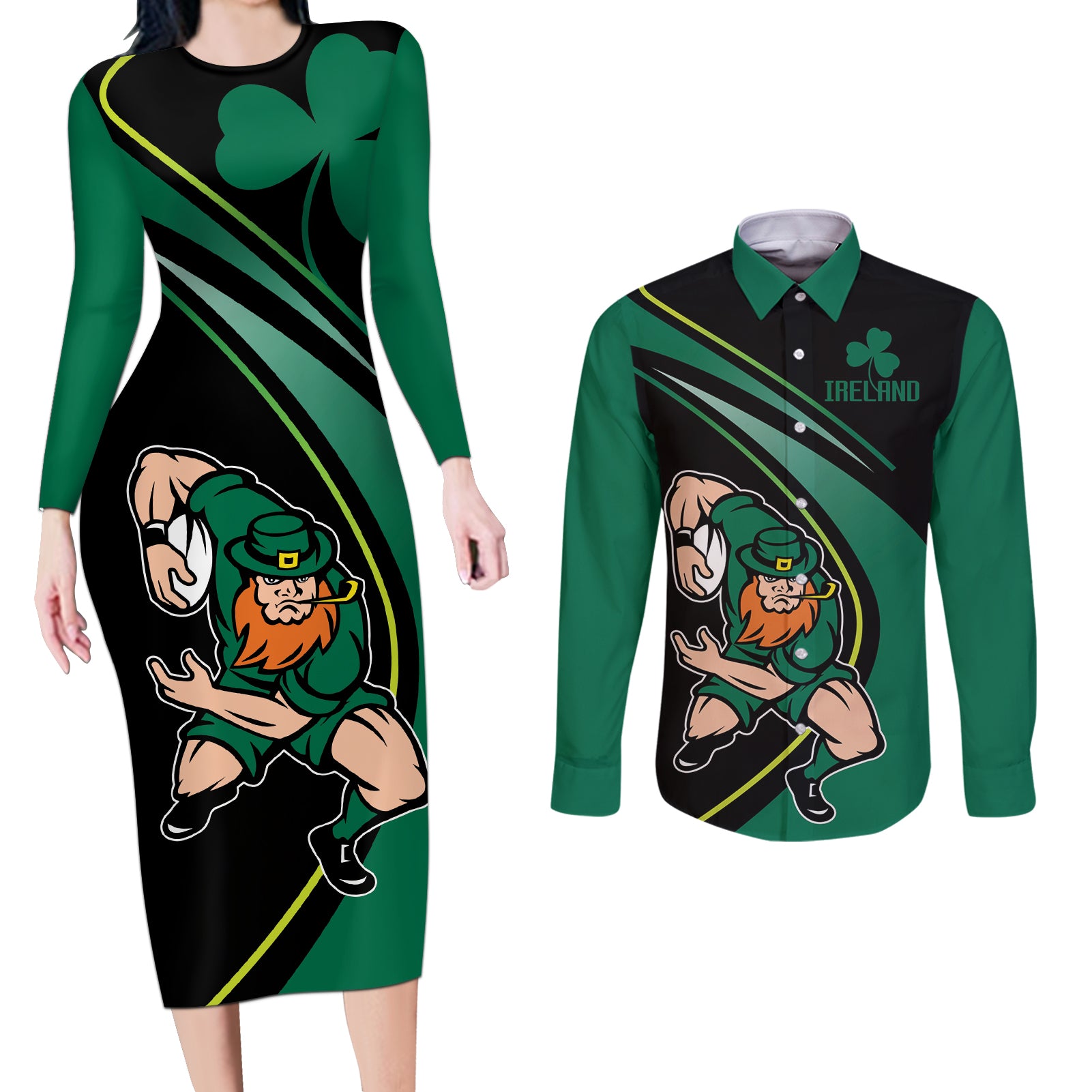 Custom Ireland Rugby Couples Matching Long Sleeve Bodycon Dress and Long Sleeve Button Shirt Irish Shamrocks Warriors Sporty Style LT9 - Wonder Print Shop