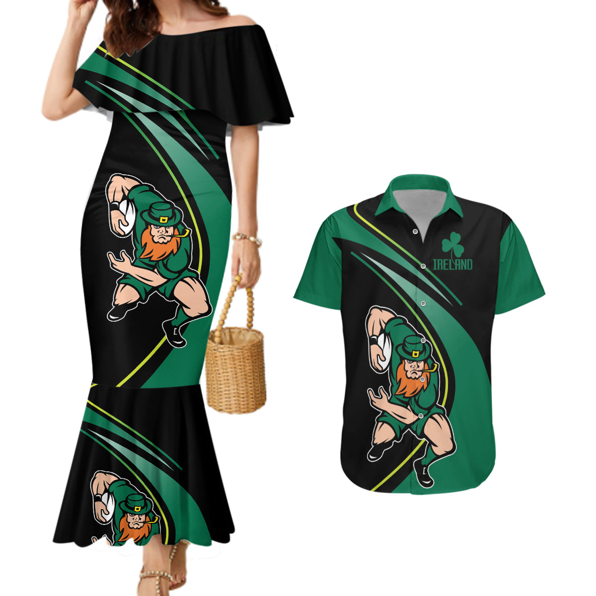 Custom Ireland Rugby Couples Matching Mermaid Dress and Hawaiian Shirt Irish Shamrocks Warriors Sporty Style LT9 - Wonder Print Shop