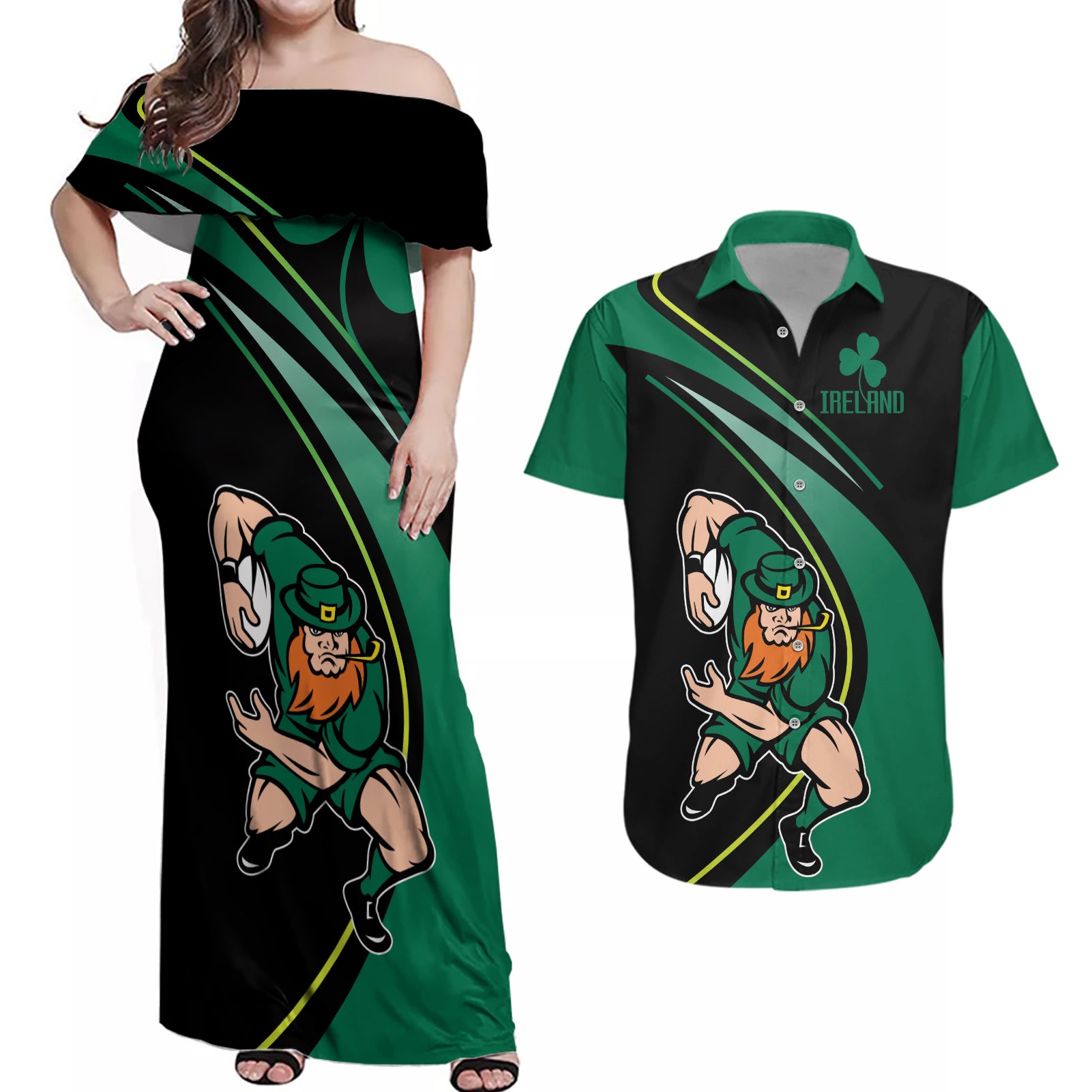 Custom Ireland Rugby Couples Matching Off Shoulder Maxi Dress and Hawaiian Shirt Irish Shamrocks Warriors Sporty Style LT9 - Wonder Print Shop