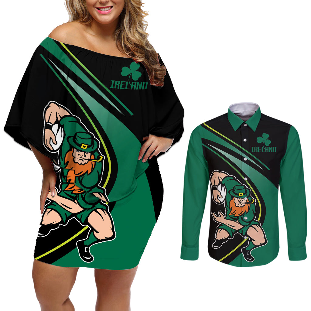 Custom Ireland Rugby Couples Matching Off Shoulder Short Dress and Long Sleeve Button Shirt Irish Shamrocks Warriors Sporty Style LT9 - Wonder Print Shop