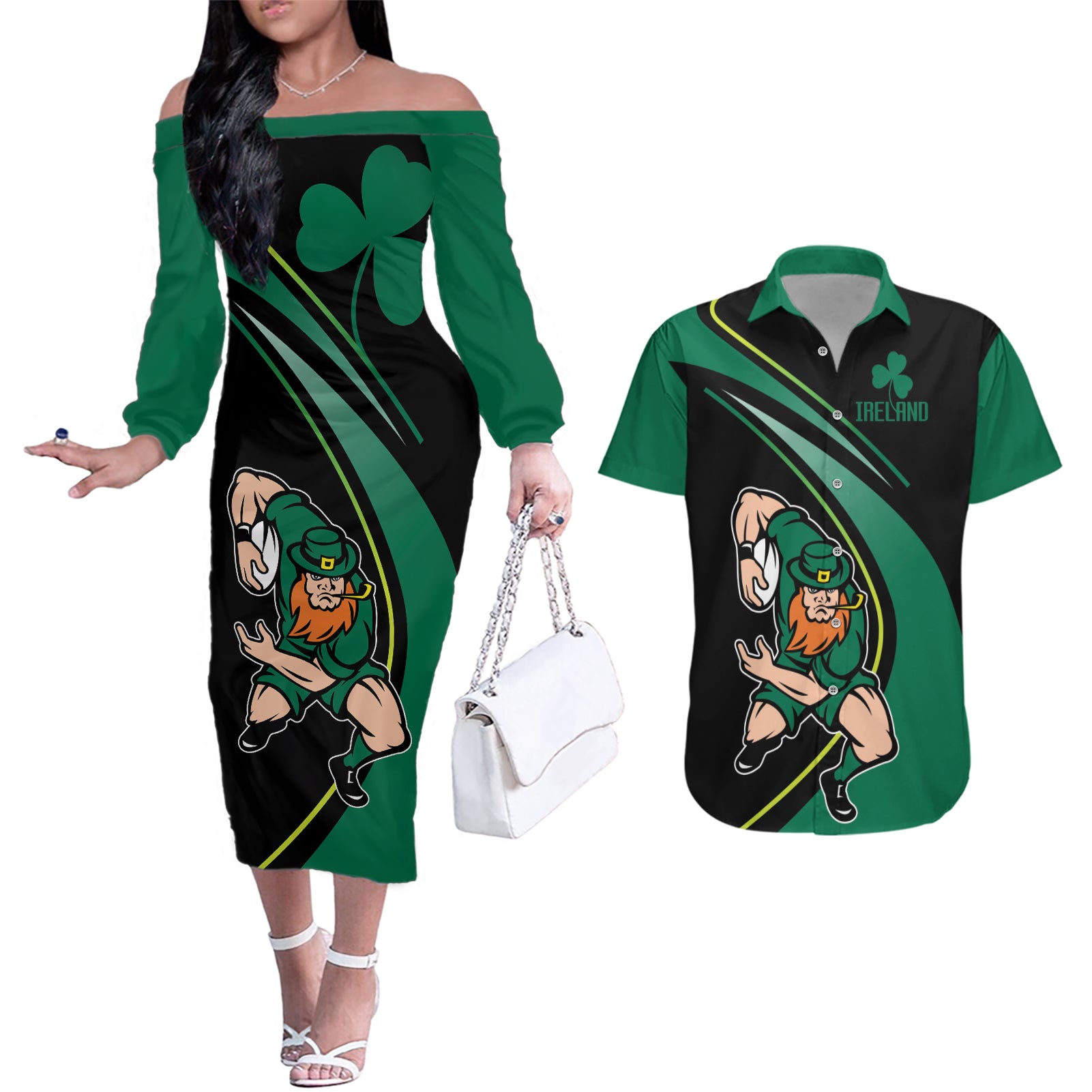 Custom Ireland Rugby Couples Matching Off The Shoulder Long Sleeve Dress and Hawaiian Shirt Irish Shamrocks Warriors Sporty Style LT9 - Wonder Print Shop