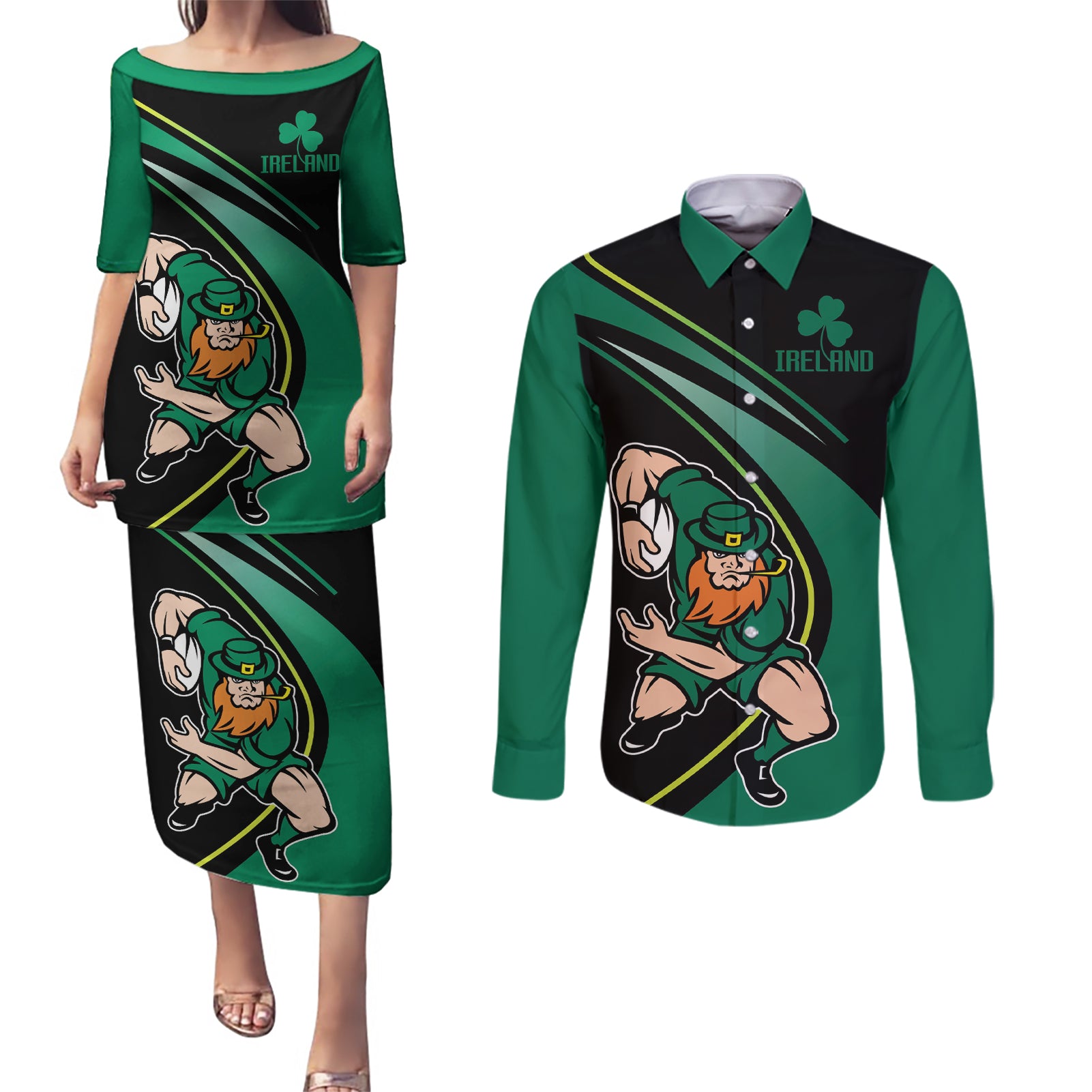 Custom Ireland Rugby Couples Matching Puletasi and Long Sleeve Button Shirt Irish Shamrocks Warriors Sporty Style LT9 - Wonder Print Shop