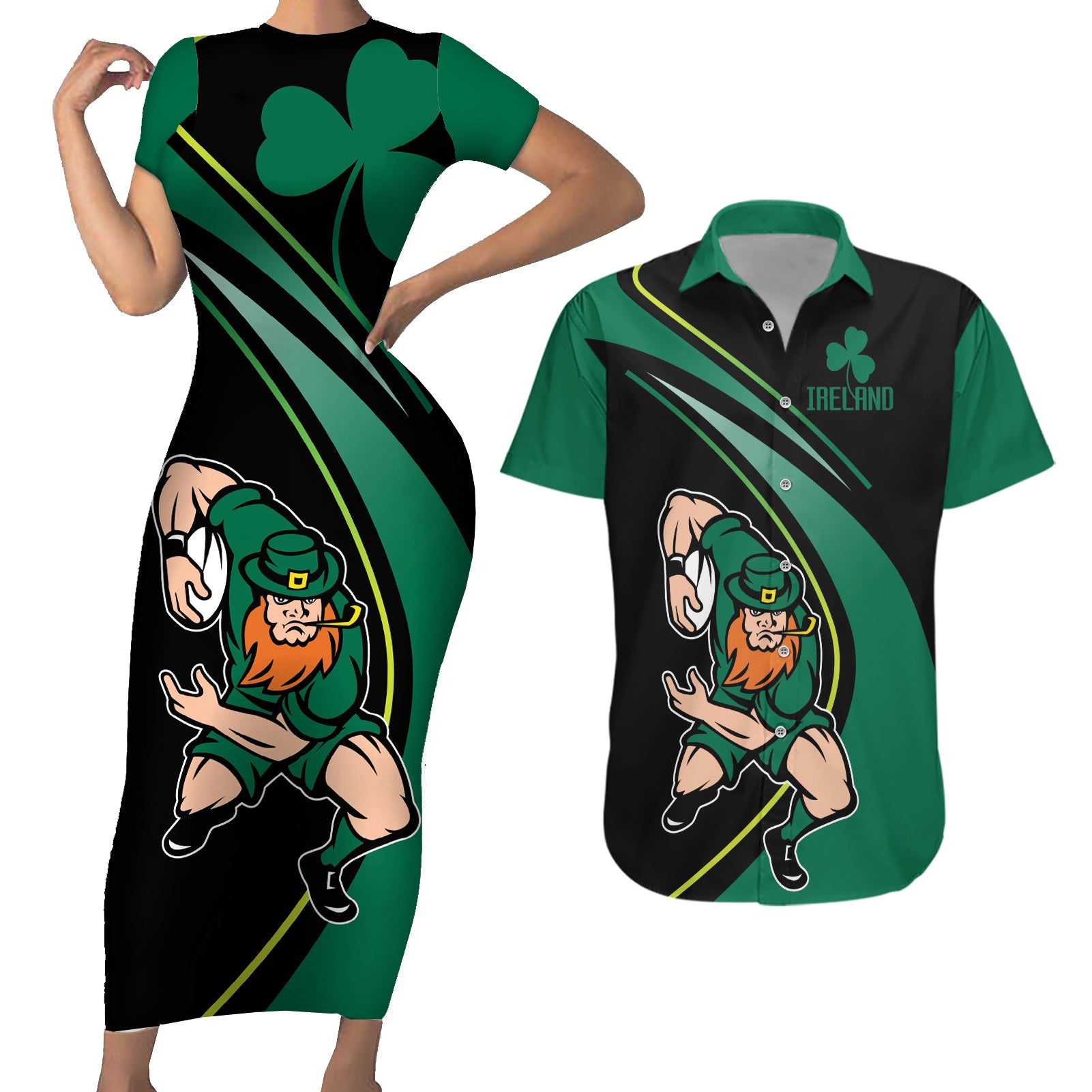 Custom Ireland Rugby Couples Matching Short Sleeve Bodycon Dress and Hawaiian Shirt Irish Shamrocks Warriors Sporty Style LT9 - Wonder Print Shop