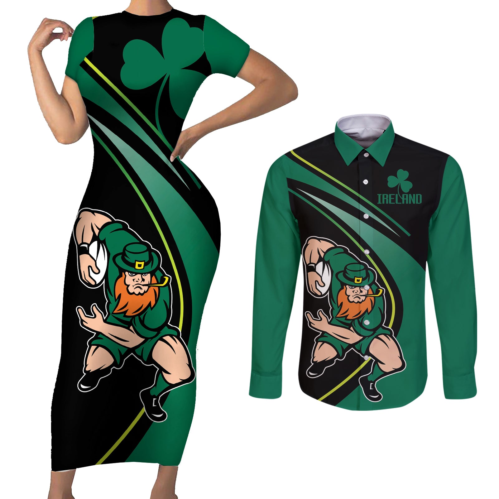 Custom Ireland Rugby Couples Matching Short Sleeve Bodycon Dress and Long Sleeve Button Shirt Irish Shamrocks Warriors Sporty Style LT9 - Wonder Print Shop