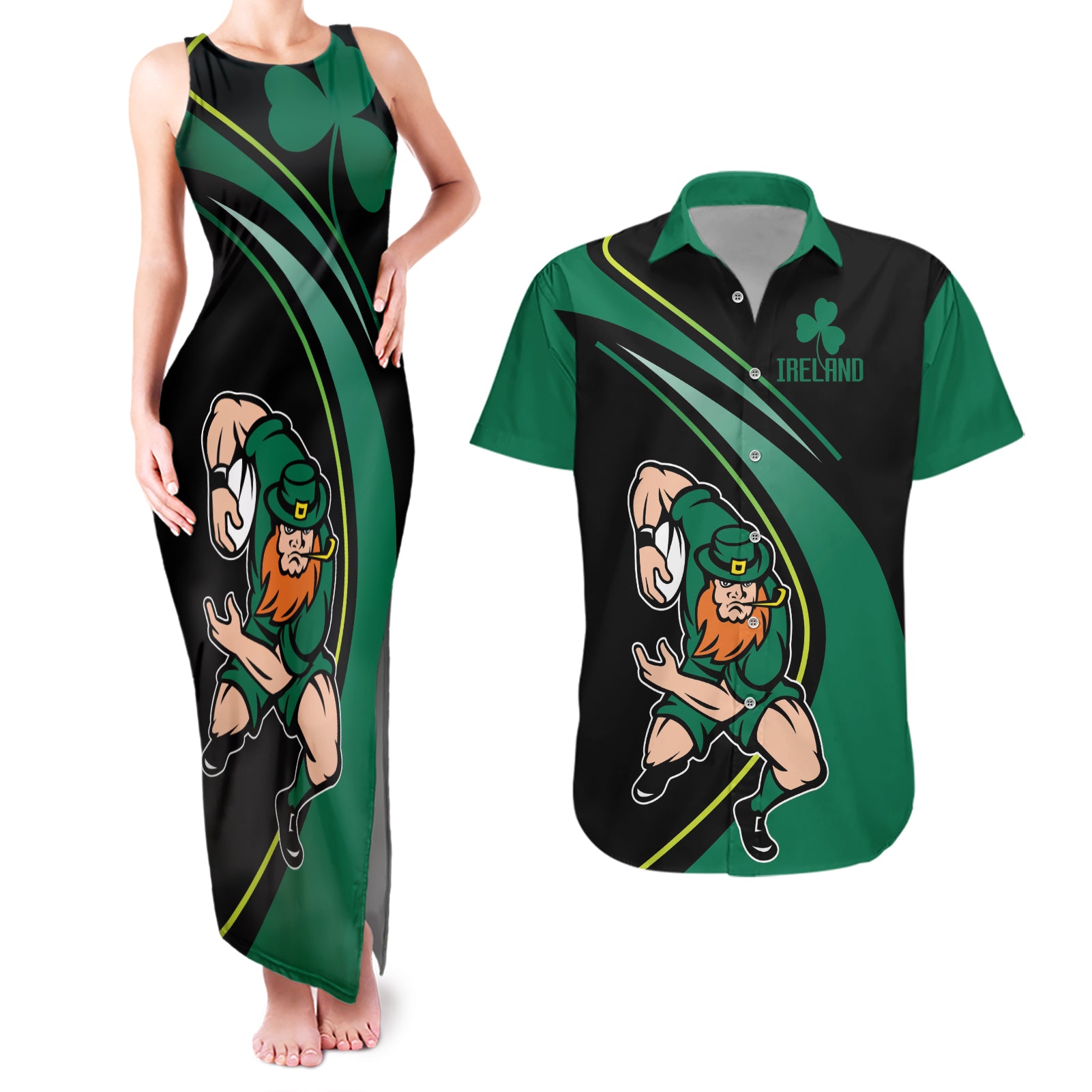 Custom Ireland Rugby Couples Matching Tank Maxi Dress and Hawaiian Shirt Irish Shamrocks Warriors Sporty Style LT9 - Wonder Print Shop