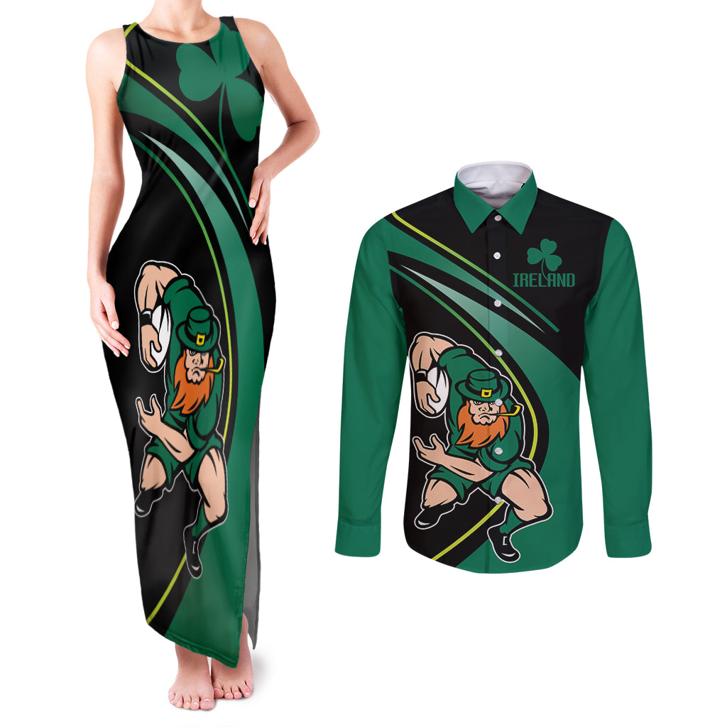 Custom Ireland Rugby Couples Matching Tank Maxi Dress and Long Sleeve Button Shirt Irish Shamrocks Warriors Sporty Style LT9 - Wonder Print Shop