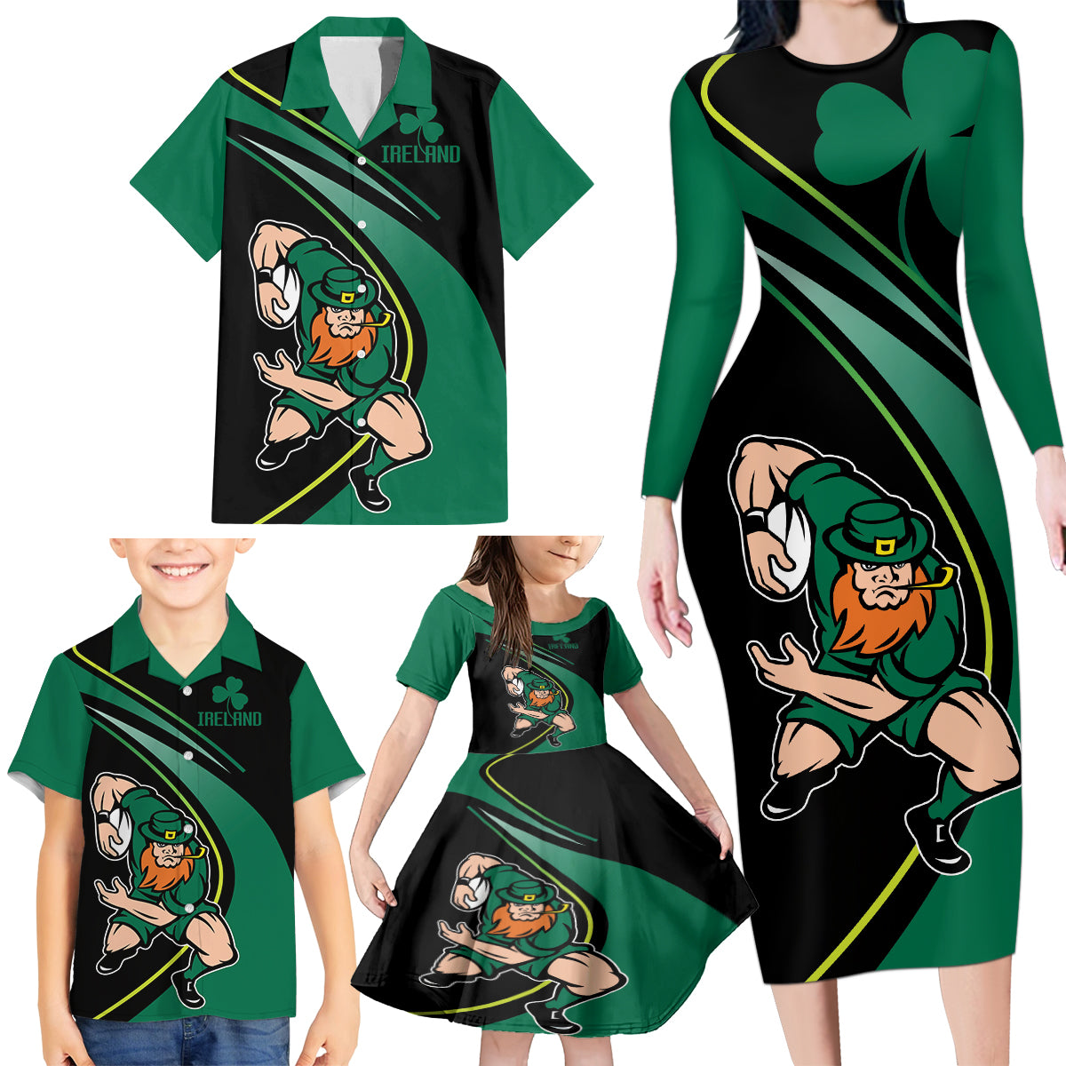 Custom Ireland Rugby Family Matching Long Sleeve Bodycon Dress and Hawaiian Shirt Irish Shamrocks Warriors Sporty Style LT9 - Wonder Print Shop