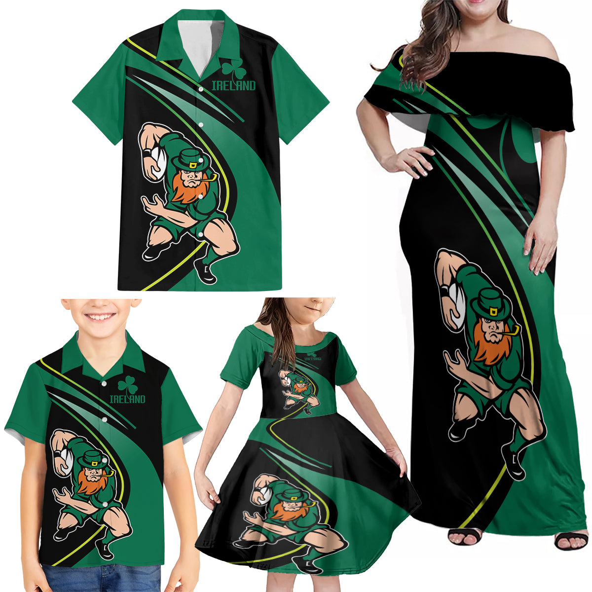 Custom Ireland Rugby Family Matching Off Shoulder Maxi Dress and Hawaiian Shirt Irish Shamrocks Warriors Sporty Style LT9 - Wonder Print Shop