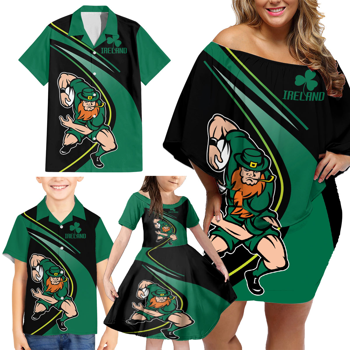 Custom Ireland Rugby Family Matching Off Shoulder Short Dress and Hawaiian Shirt Irish Shamrocks Warriors Sporty Style LT9 - Wonder Print Shop