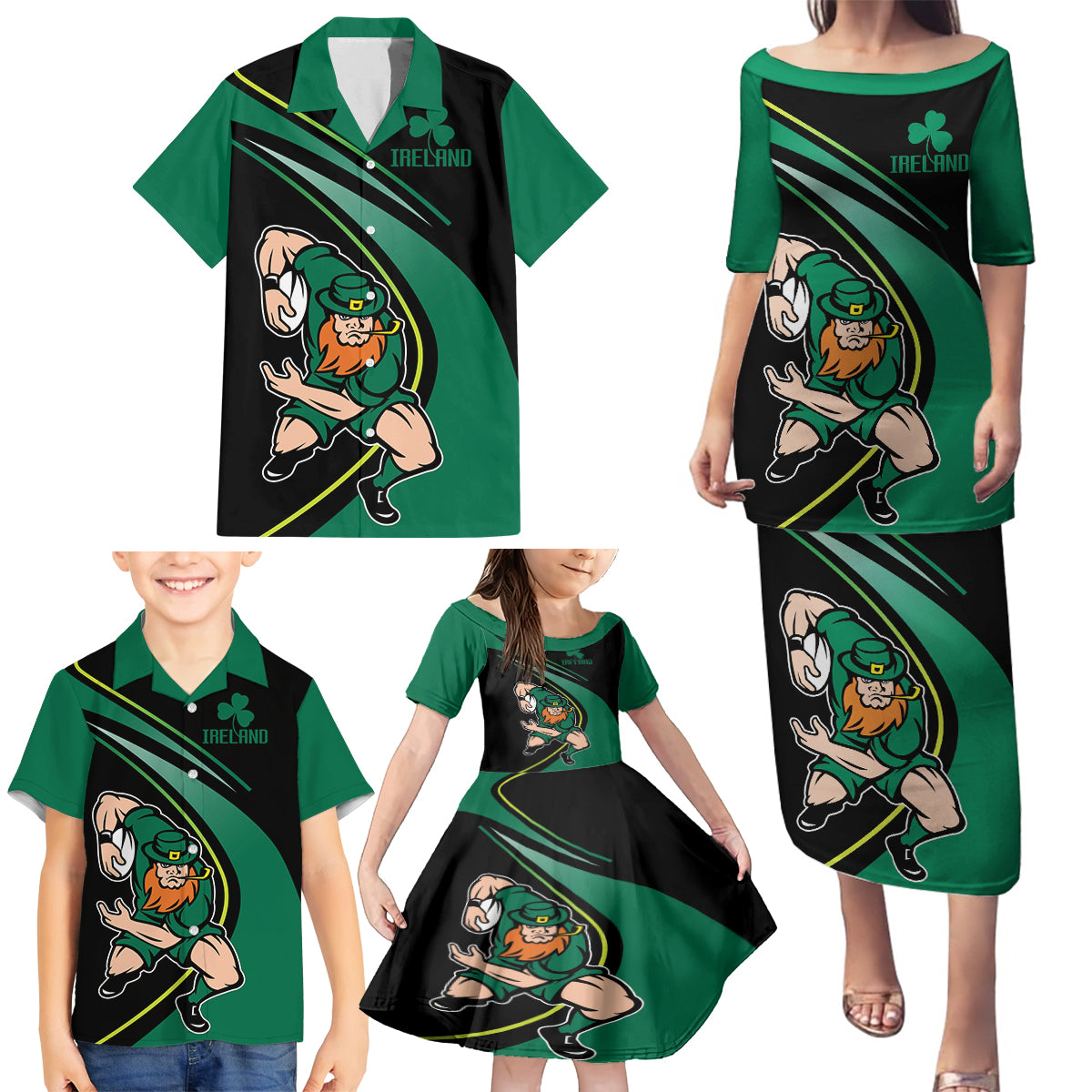 Custom Ireland Rugby Family Matching Puletasi and Hawaiian Shirt Irish Shamrocks Warriors Sporty Style - Wonder Print Shop