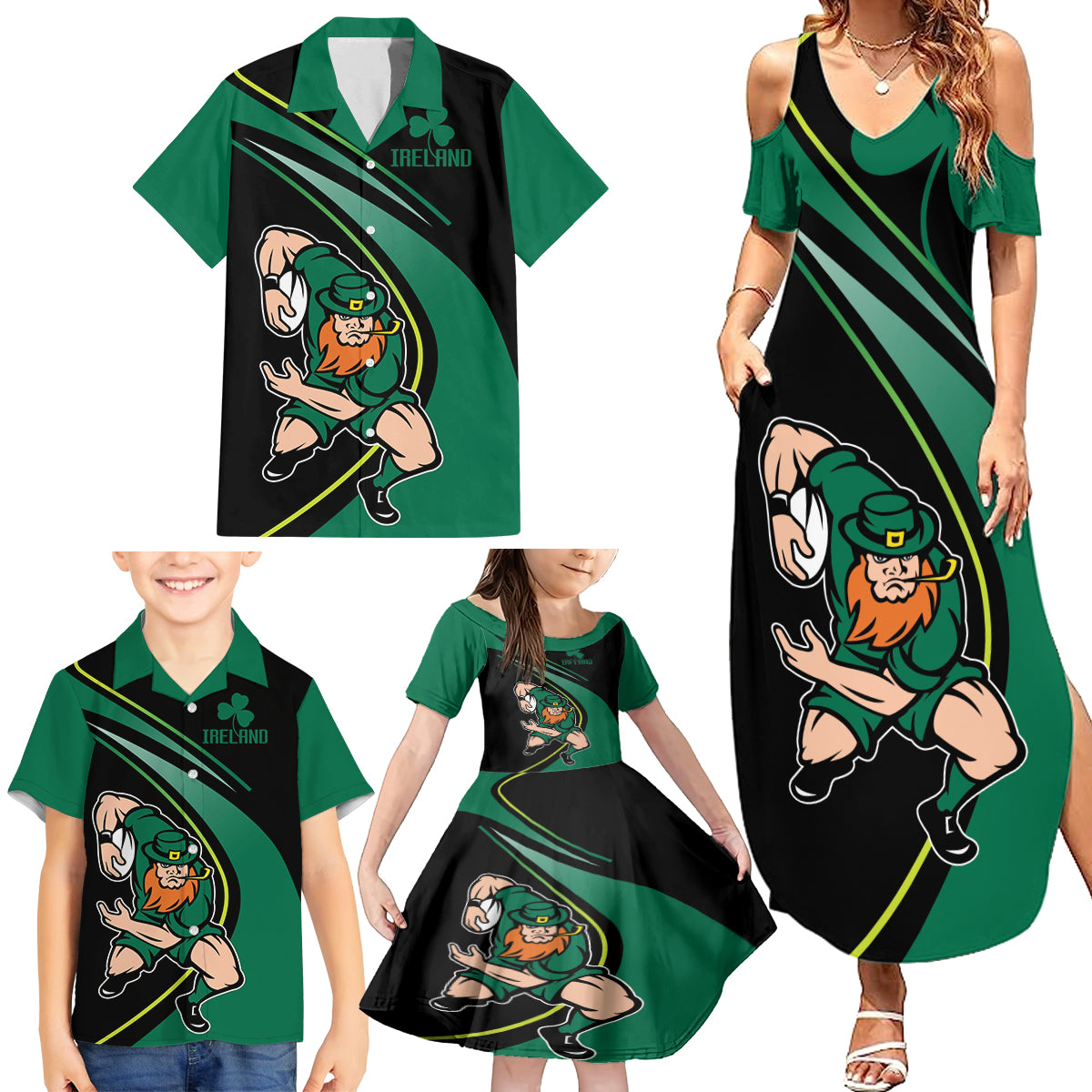 Custom Ireland Rugby Family Matching Summer Maxi Dress and Hawaiian Shirt Irish Shamrocks Warriors Sporty Style - Wonder Print Shop