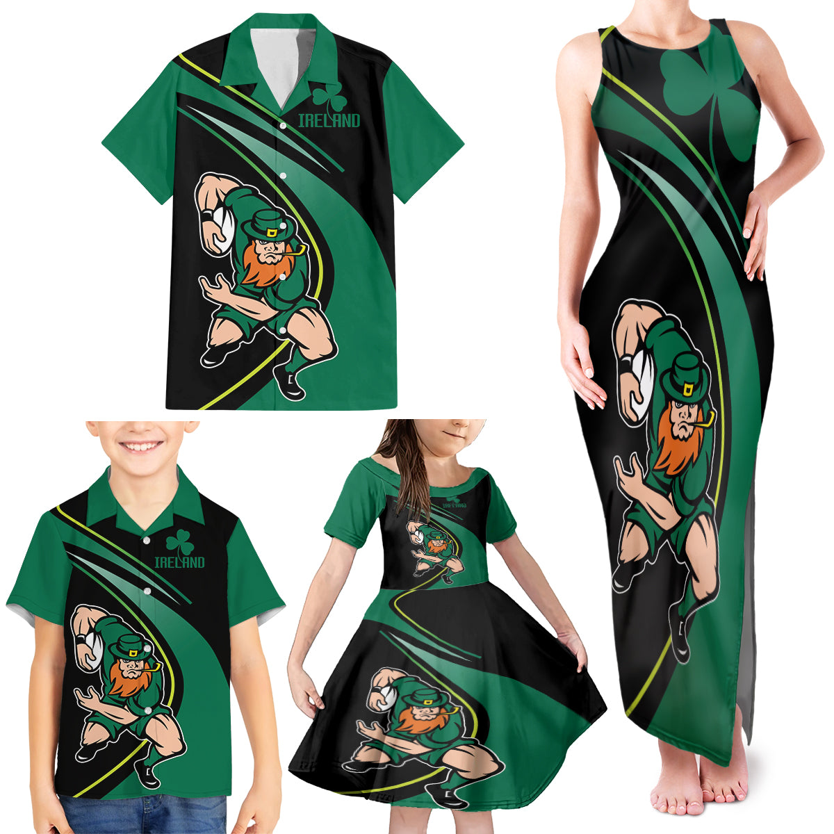 Custom Ireland Rugby Family Matching Tank Maxi Dress and Hawaiian Shirt Irish Shamrocks Warriors Sporty Style - Wonder Print Shop