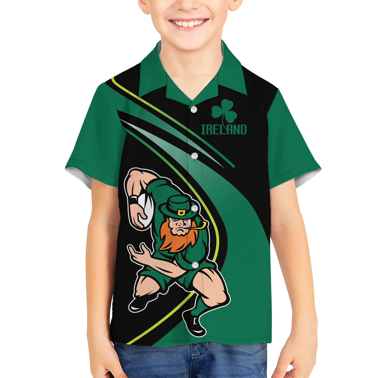 Custom Ireland Rugby Kid Hawaiian Shirt Irish Shamrocks Warriors Sporty Style - Wonder Print Shop