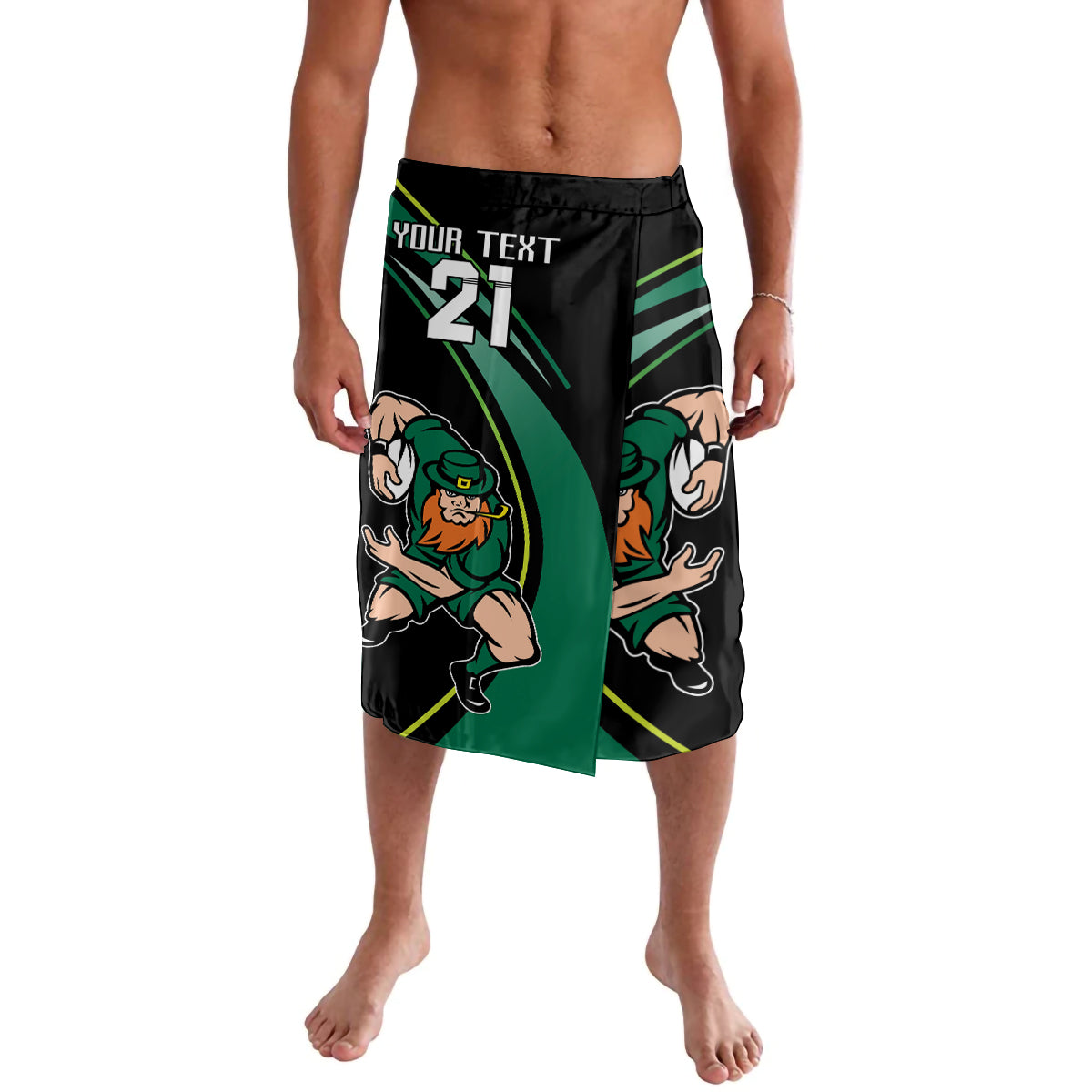 Black rugby-style sport shorts with green diagonal stripes and leprechaun graphic, custom text