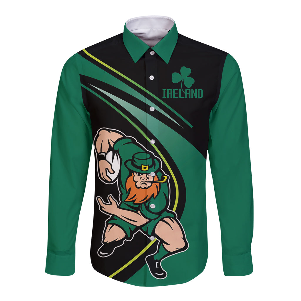 Unisex long-sleeve button rugby shirt, dark green and black, front leprechaun graphic