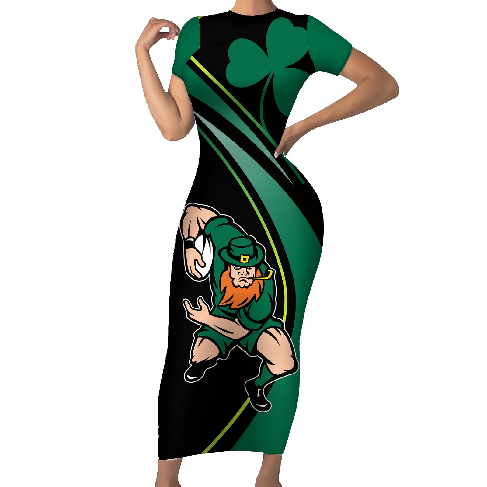 Custom Ireland Rugby Short Sleeve Bodycon Dress Irish Shamrocks Warriors Sporty Style