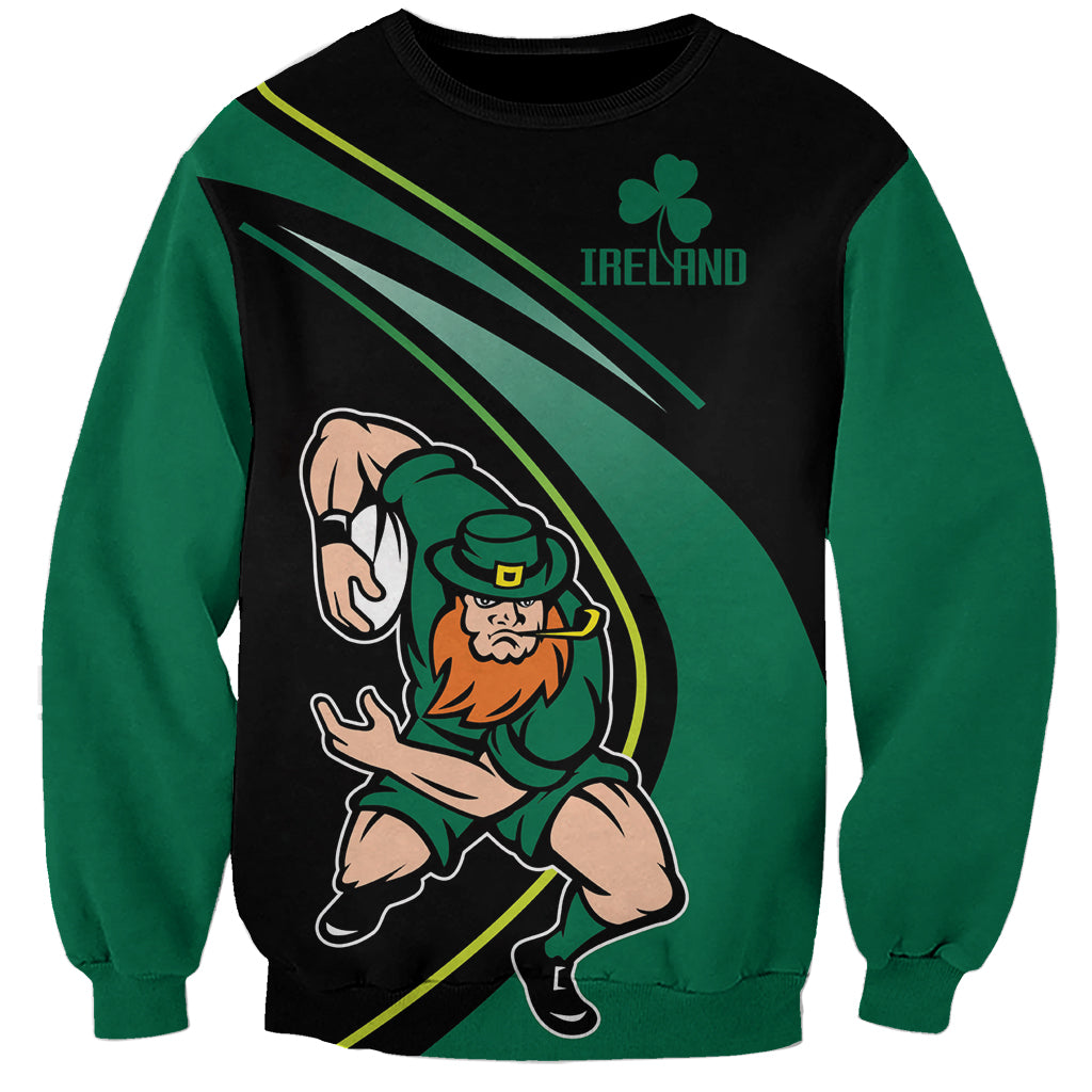 Black and green crewneck sweatshirt with Ireland logo and rugby warrior graphic