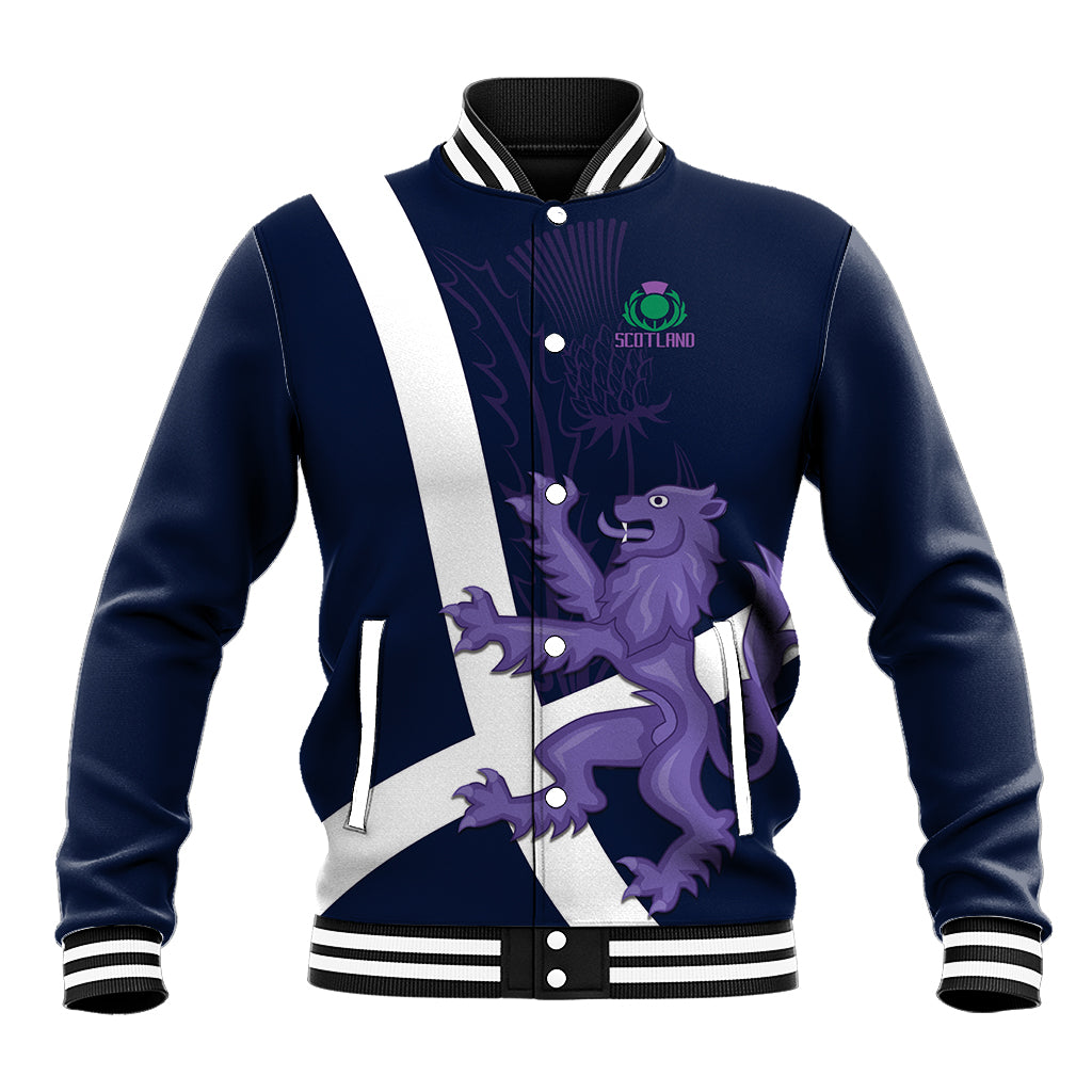 Navy varsity baseball jacket with white sleeve stripes and purple lion crest graphics