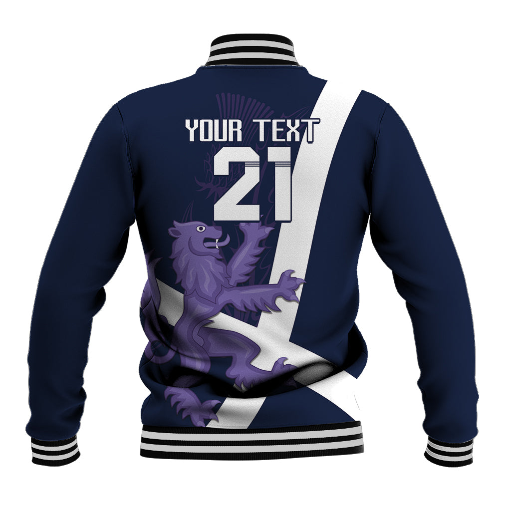Navy baseball jacket back print with number 21, custom text, and purple lion graphic