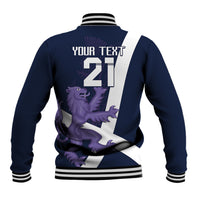 Navy baseball jacket back print with number 21, custom text, and purple lion graphic